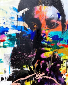 Abstraktes, farbenfrohes Porträt, Street Art, Pop Art auf Leinwand „ Comme Avant, As Before“