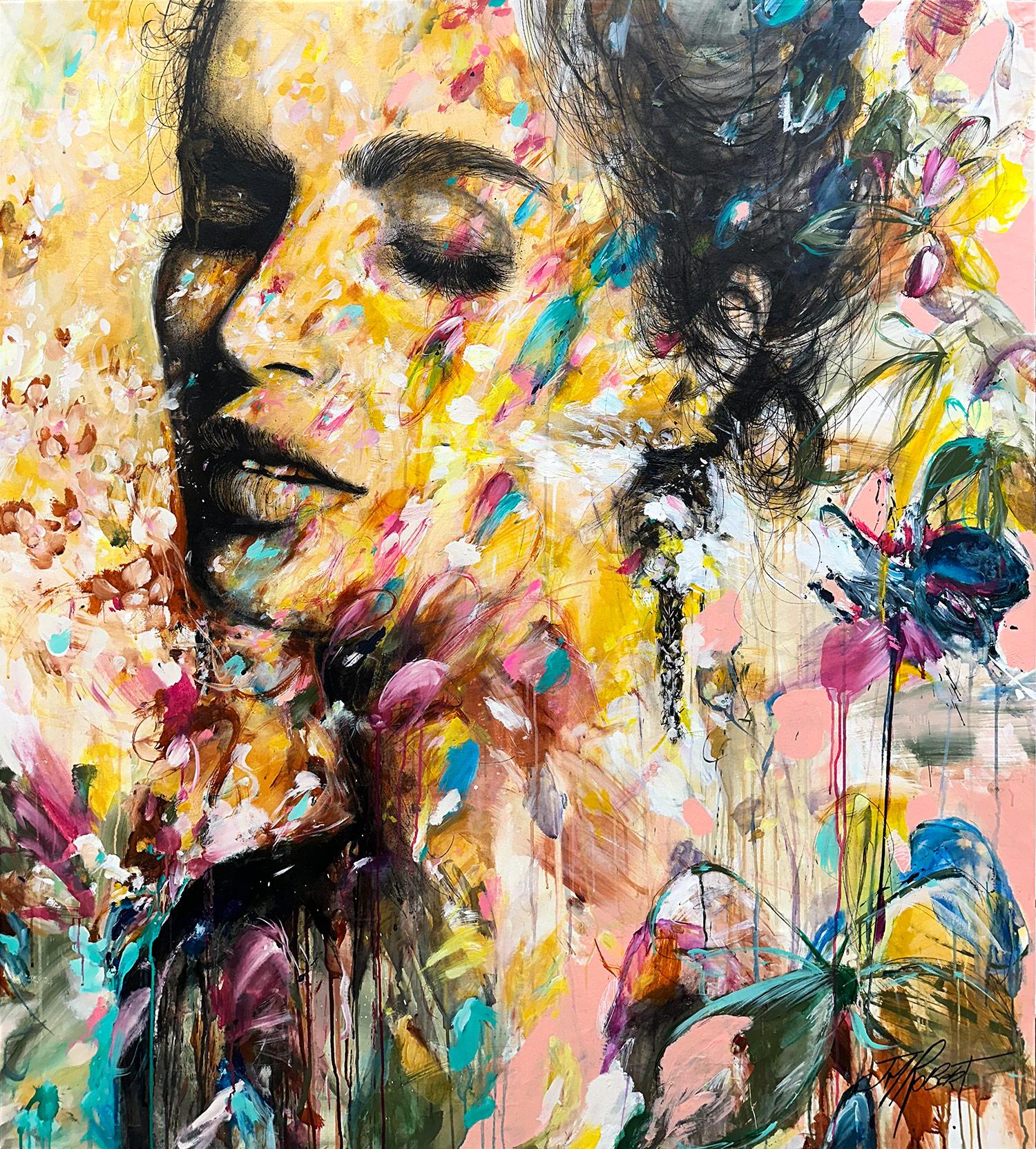 This particular piece depicts an anonymous portrait of a beautiful woman, titled "Comme Avant" translating to "As Before". Inspired by the every day, JM Robert strives to create paintings that mimic the flash of a beautiful face seen in an instant