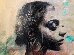 "Confidenze" Ritratto astratto e colorato di una donna Street Art Tela dipinta a olio
