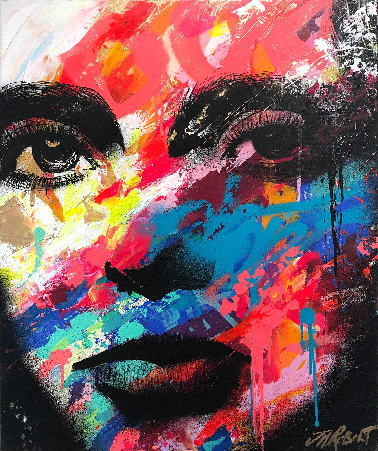 J.M. Robert Abstract Painting - “Elle Fait Face” She Faces, Colorful, Abstract Street Art, French Artist