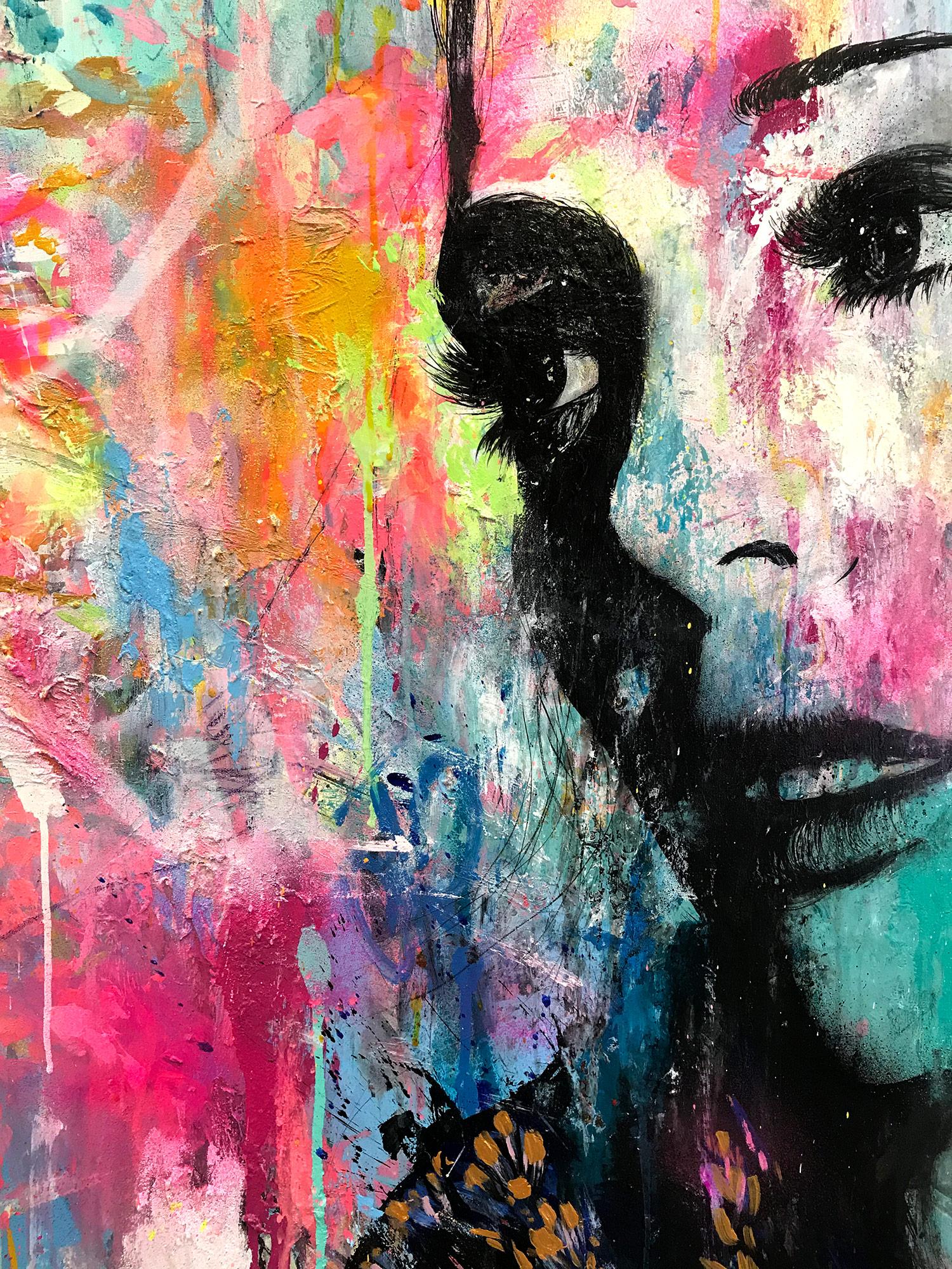 “Elle Prit son Courage” She Took her Courage, Colorful, Abstract Street Art - Gray Portrait Painting by J.M. Robert