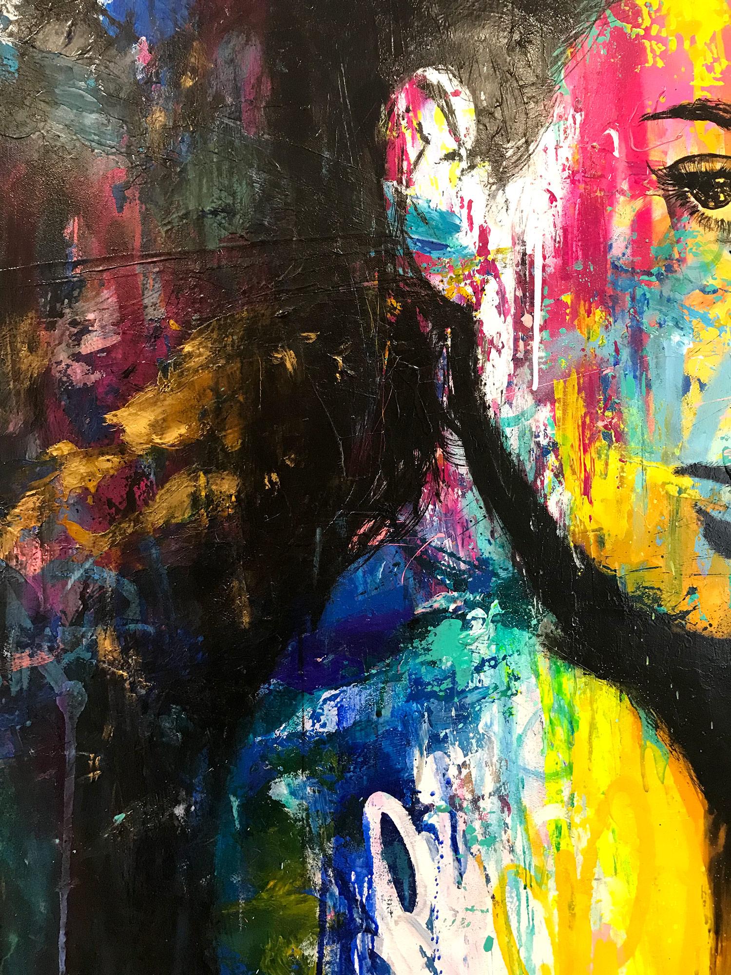 JM Robert's portraits start with a bright a bold background done with spray paint. JM started his career as a graffiti artist, painting his signature portraits on the walls of Paris France, and parts of Europe. Today he is able to bridge Fine Art