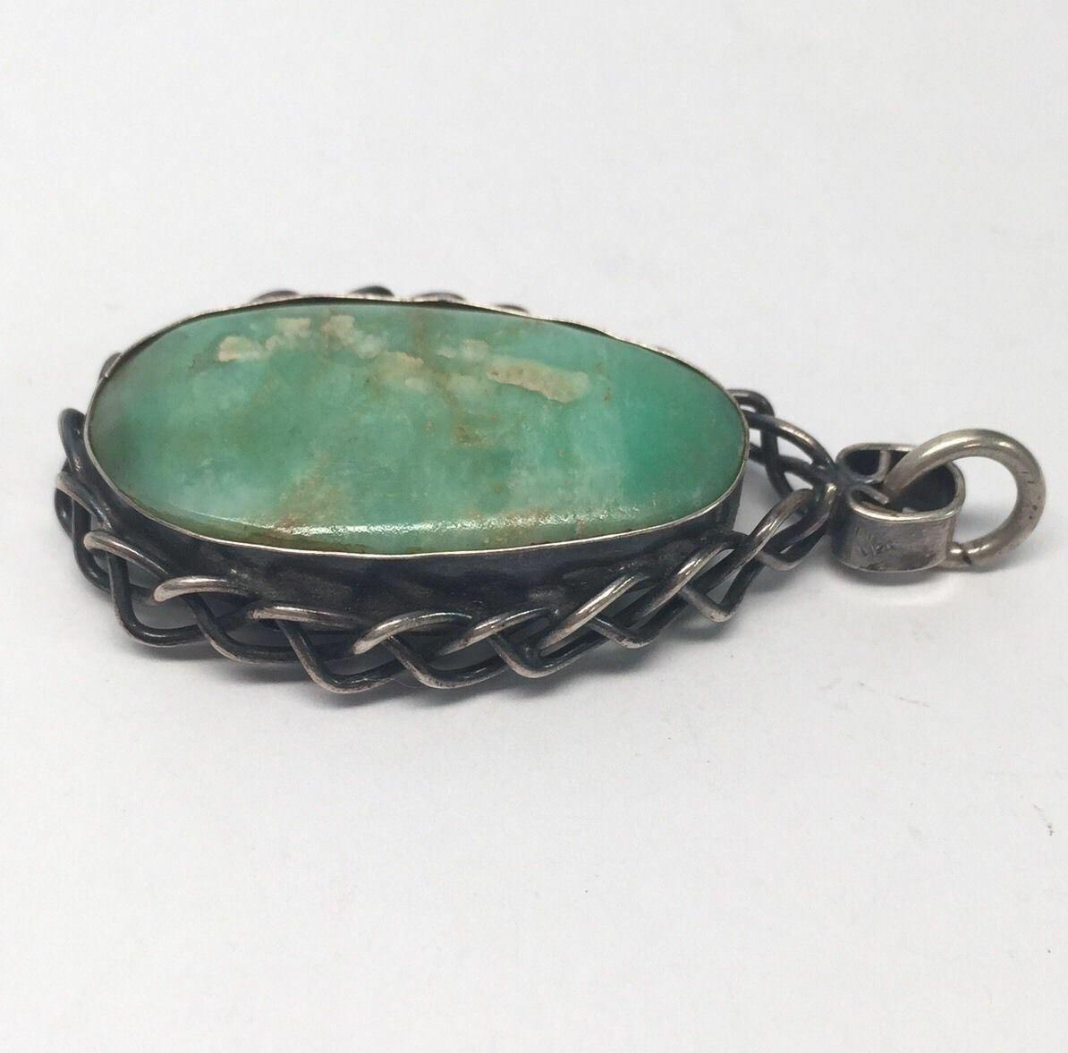 JM Sterling Silver Green Turquoise Pendant In Good Condition In Washington Depot, CT