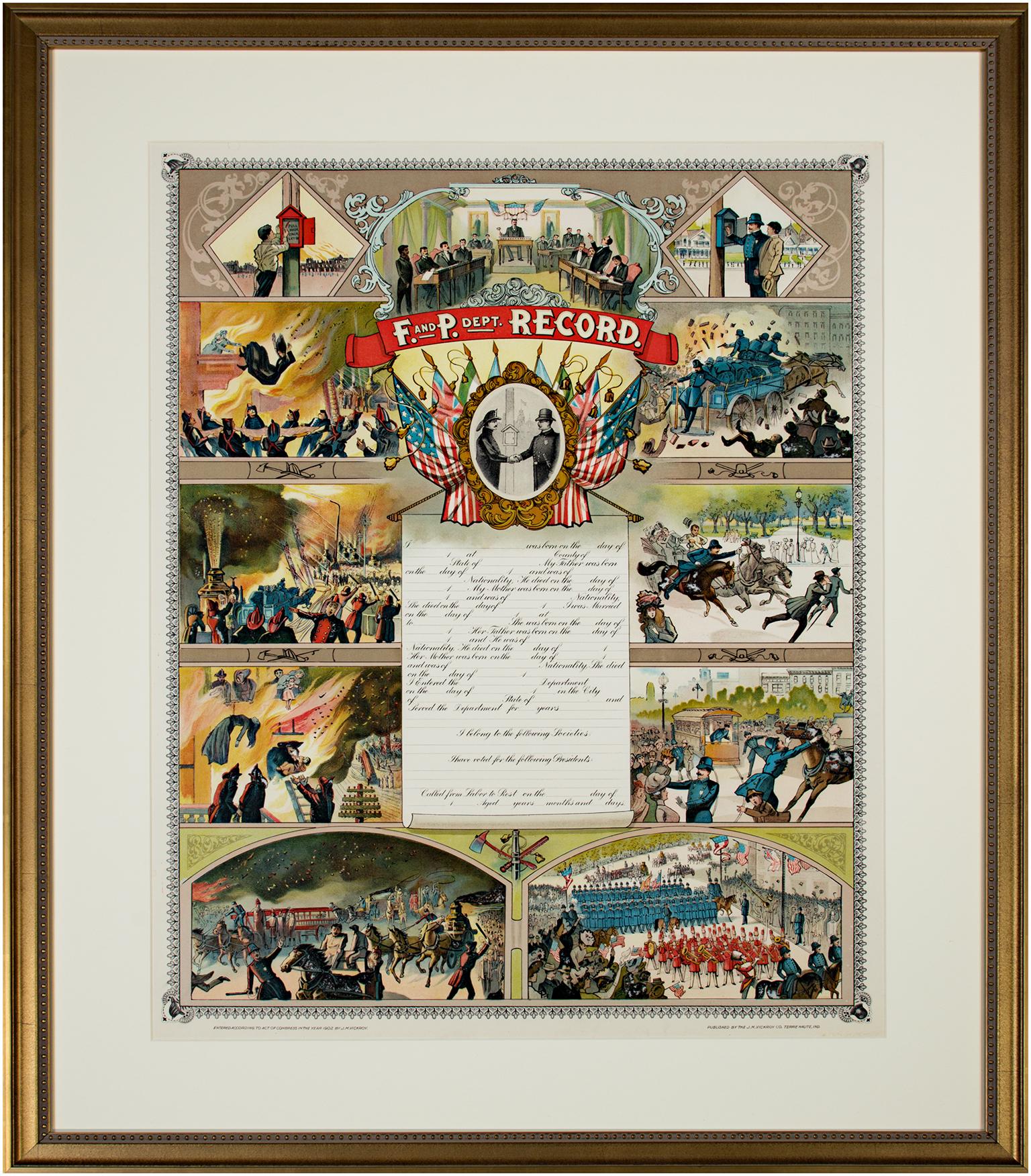 „Fire and Police Department Record“, Chromolithographie von J.M. Krokodilleder & Co im Angebot 1