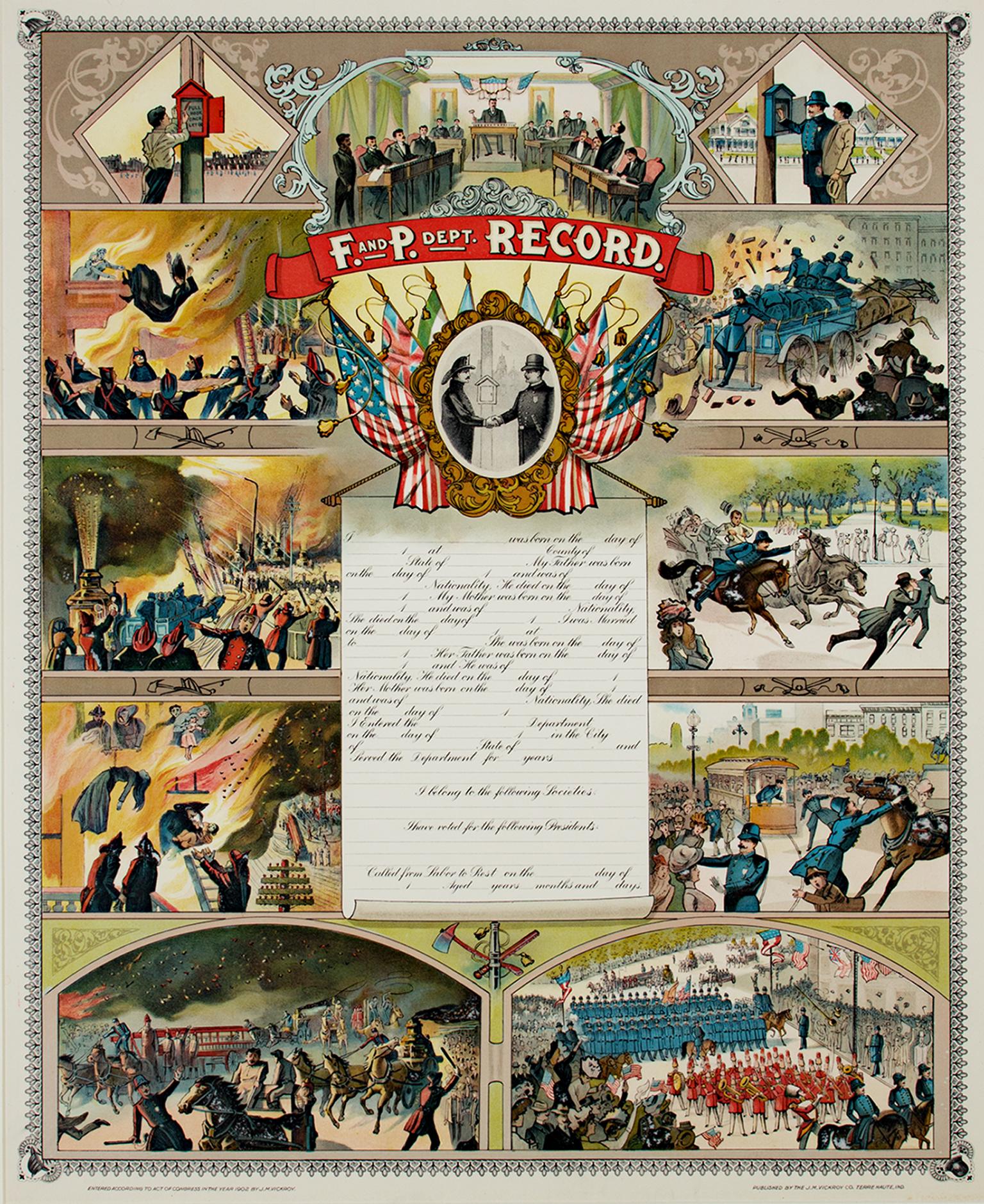 J.M. Vickroy & Co. Figurative Print – „Fire and Police Department Record“, Chromolithographie von J.M. Krokodilleder & Co