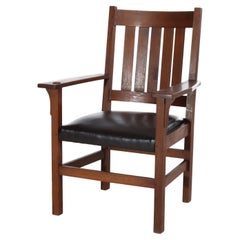 JM Young & Stickley Inspired Oak & Leather Slat Back Armchair c1920