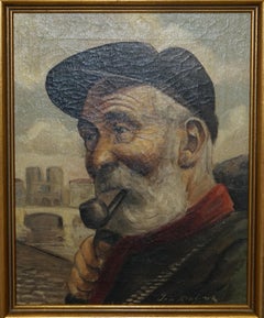Jma Kensinck Signed Dutch Oil on Canvas Painting of Old Man Smoking a Pipe