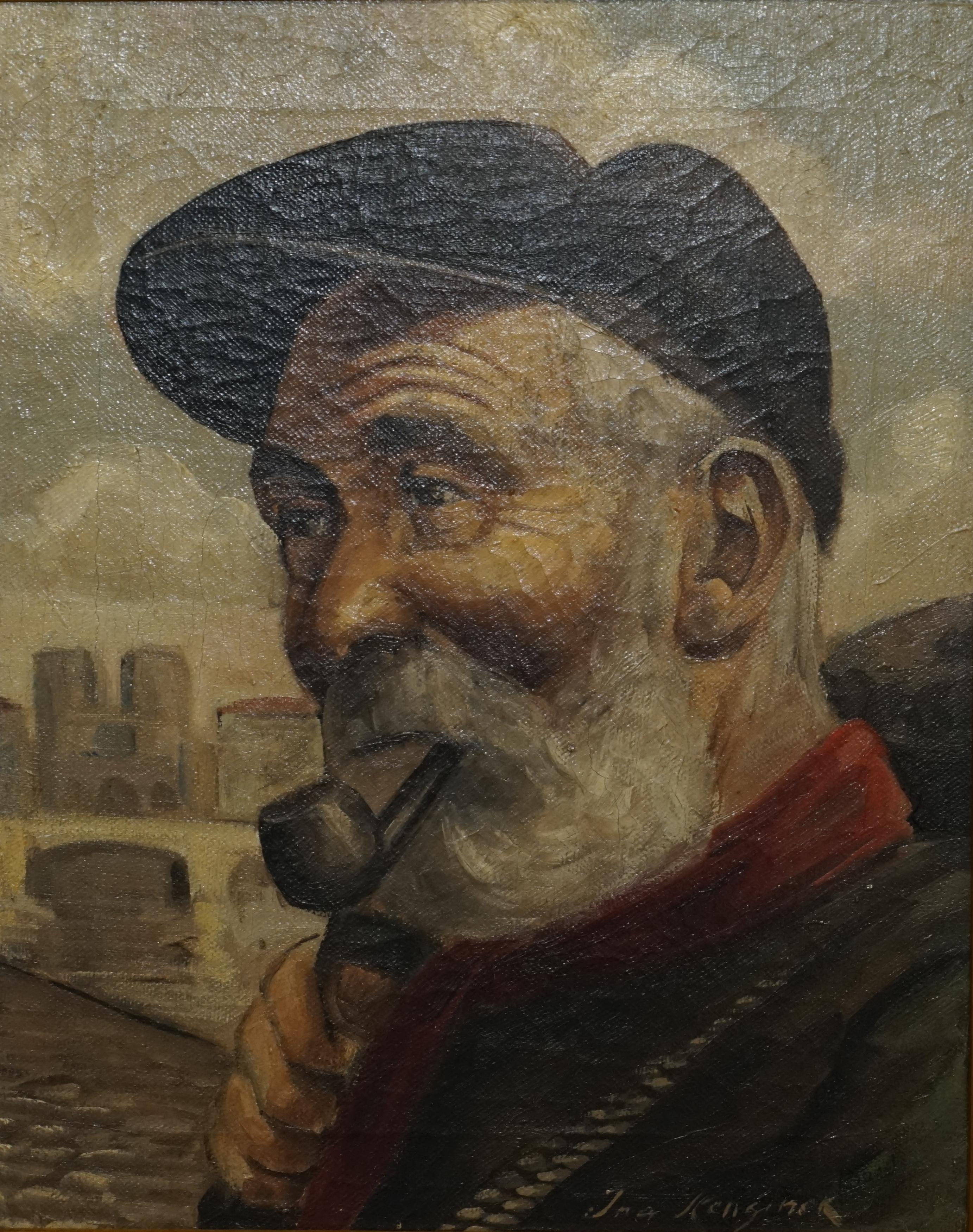 old man smoking pipe oil painting