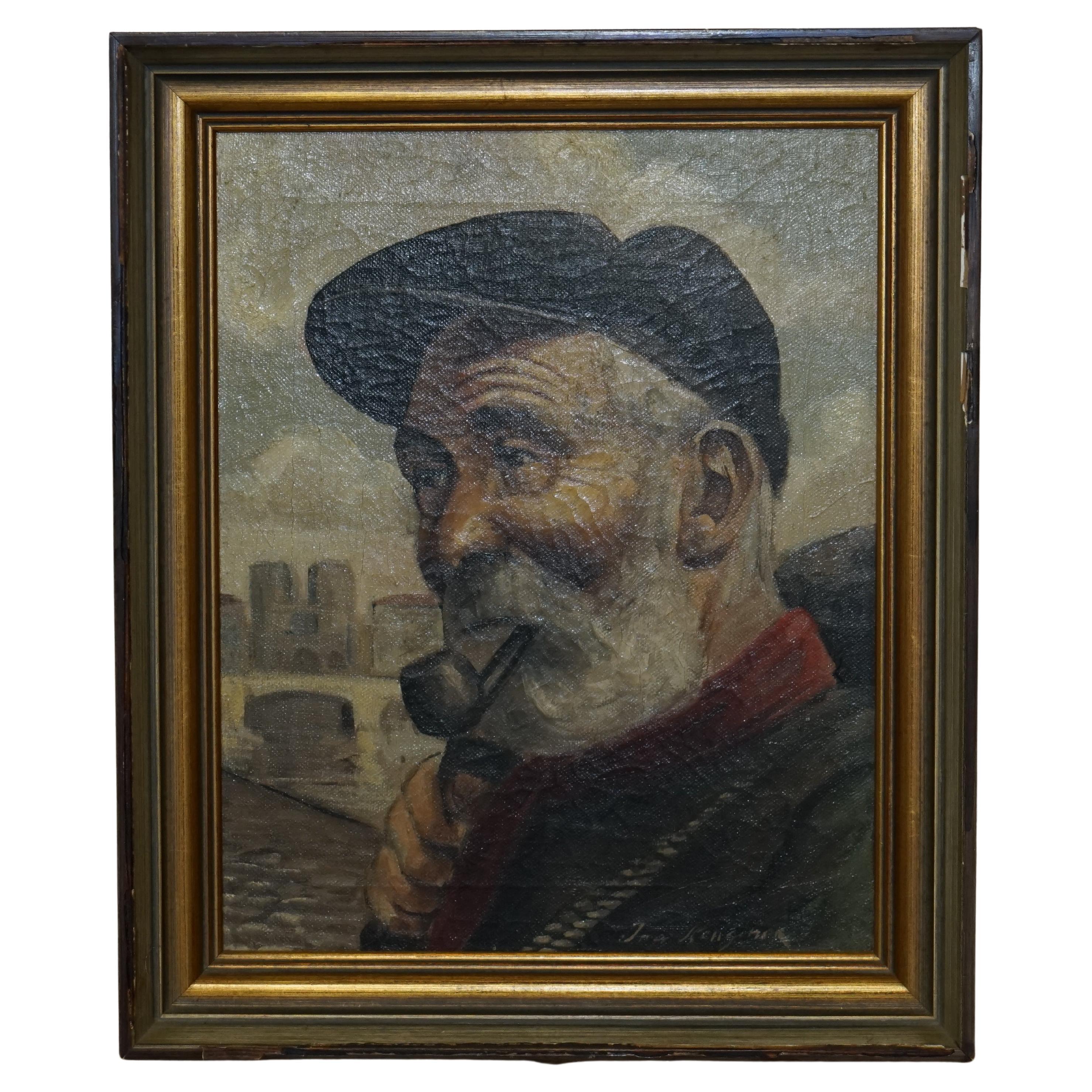 Jma Kensinck Signed Dutch Oil on Canvas Painting of Old Man Smoking a Pipe For Sale