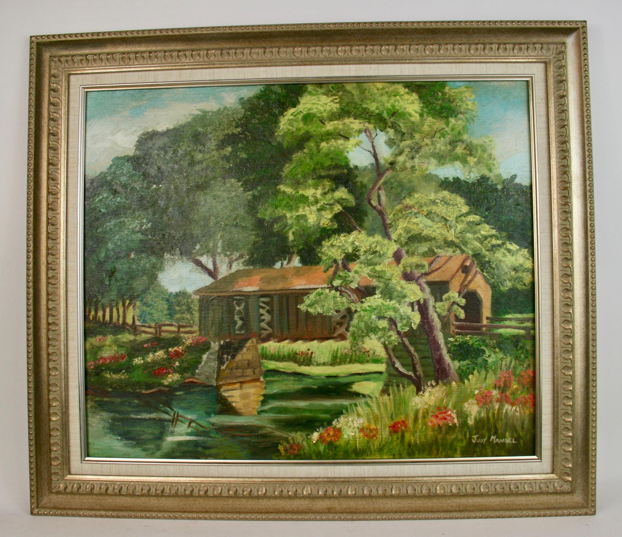 J.Mandell Landscape Painting - Vermont Covered Bridge  Impressionist Landscape 1950