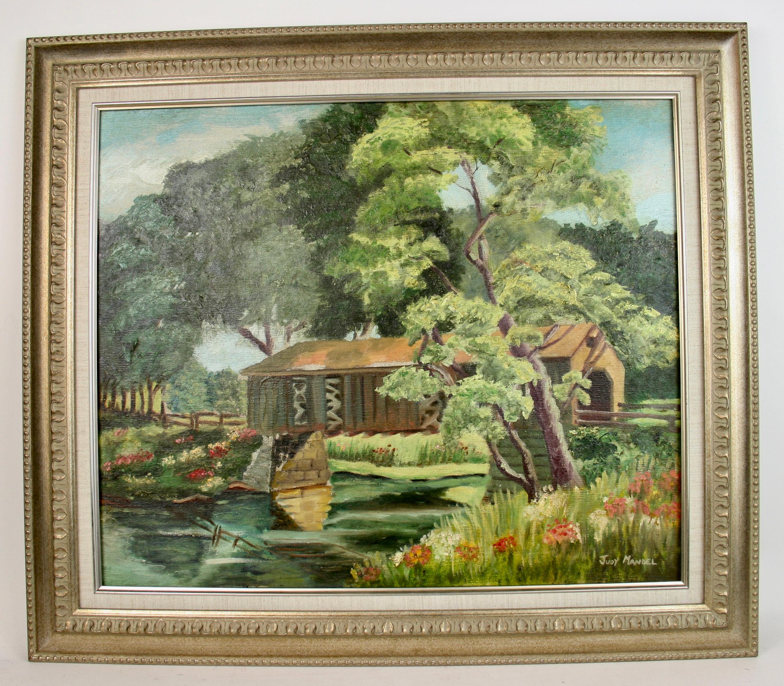 Vermont Covered Bridge  Impressionist Large Landscape 1950 - Brown Landscape Painting by J.Mandell