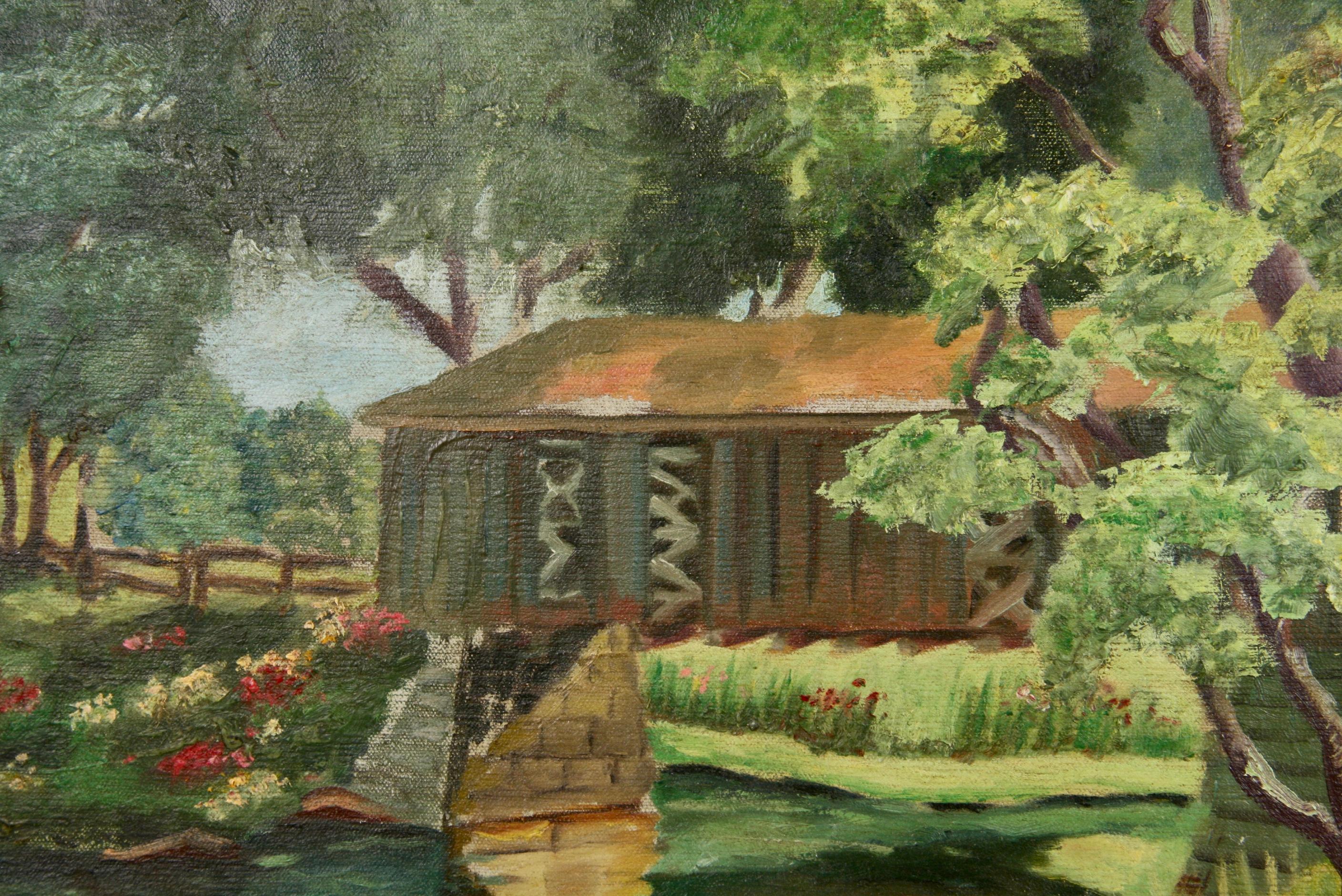 Vermont Covered Bridge  Impressionist Large Landscape 1950 For Sale 3