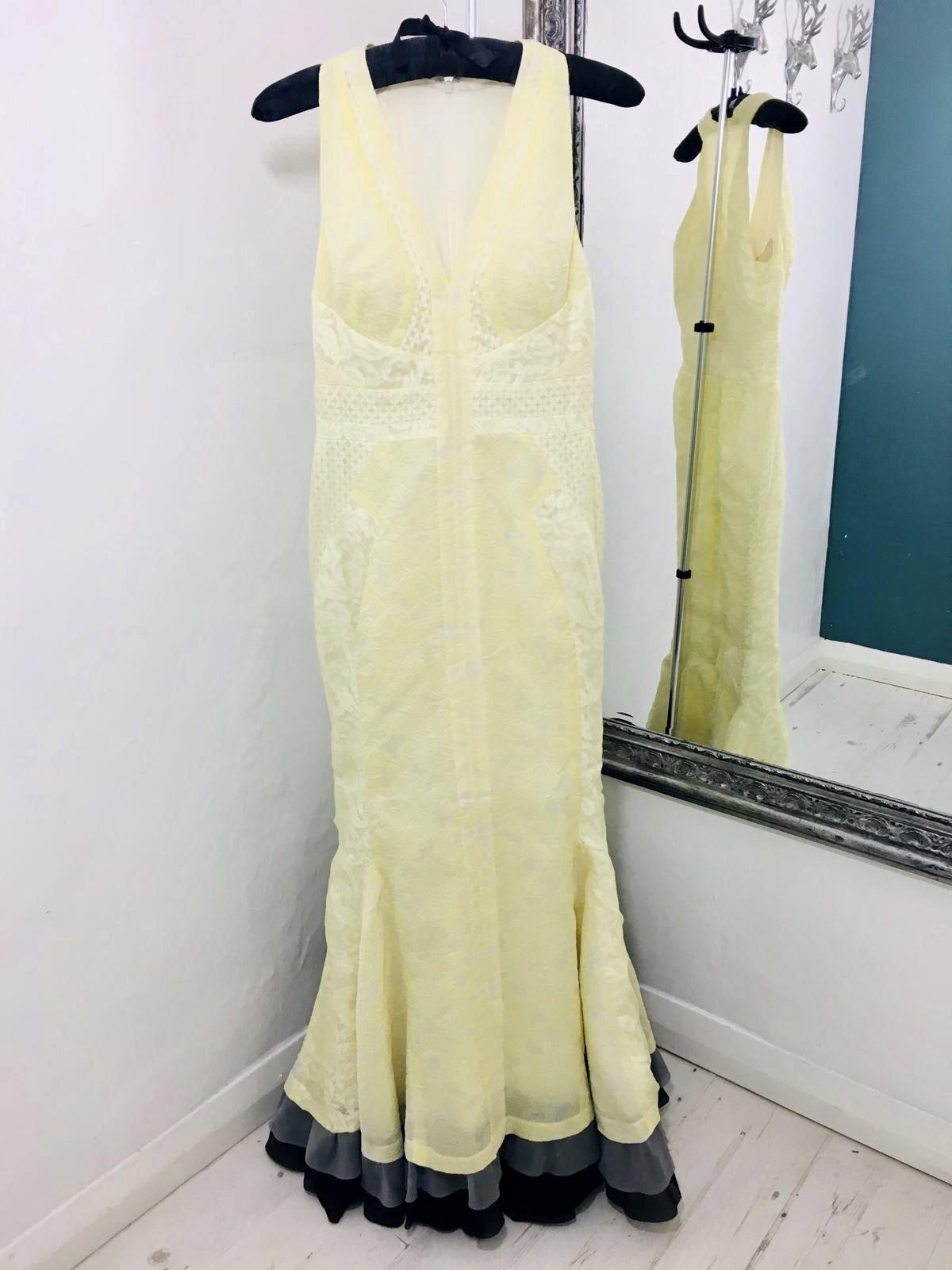 J.Mendel Silk Evening Gown

Pale yellow/lemon with a brocade detail pattern and lace. Slight plunge V neck. Figure hugging with Fish tail flair to the bottom of the dress showing contrasting colours of black and grey silk. Zipper back closure.