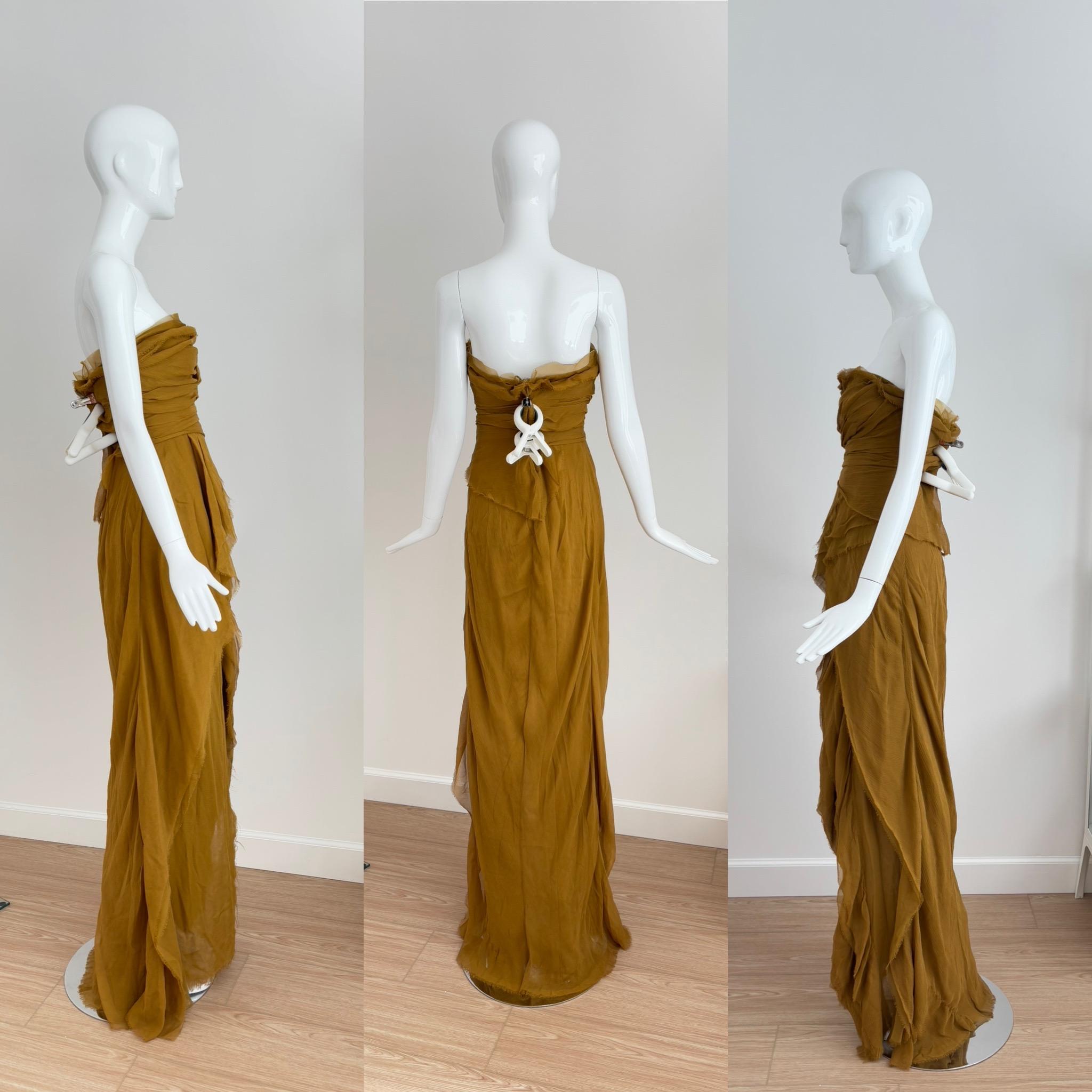 Brown J.MENDEL Silk Shredded Layered Flakey Evening Gown Maxi Dress w. Thigh Slit
