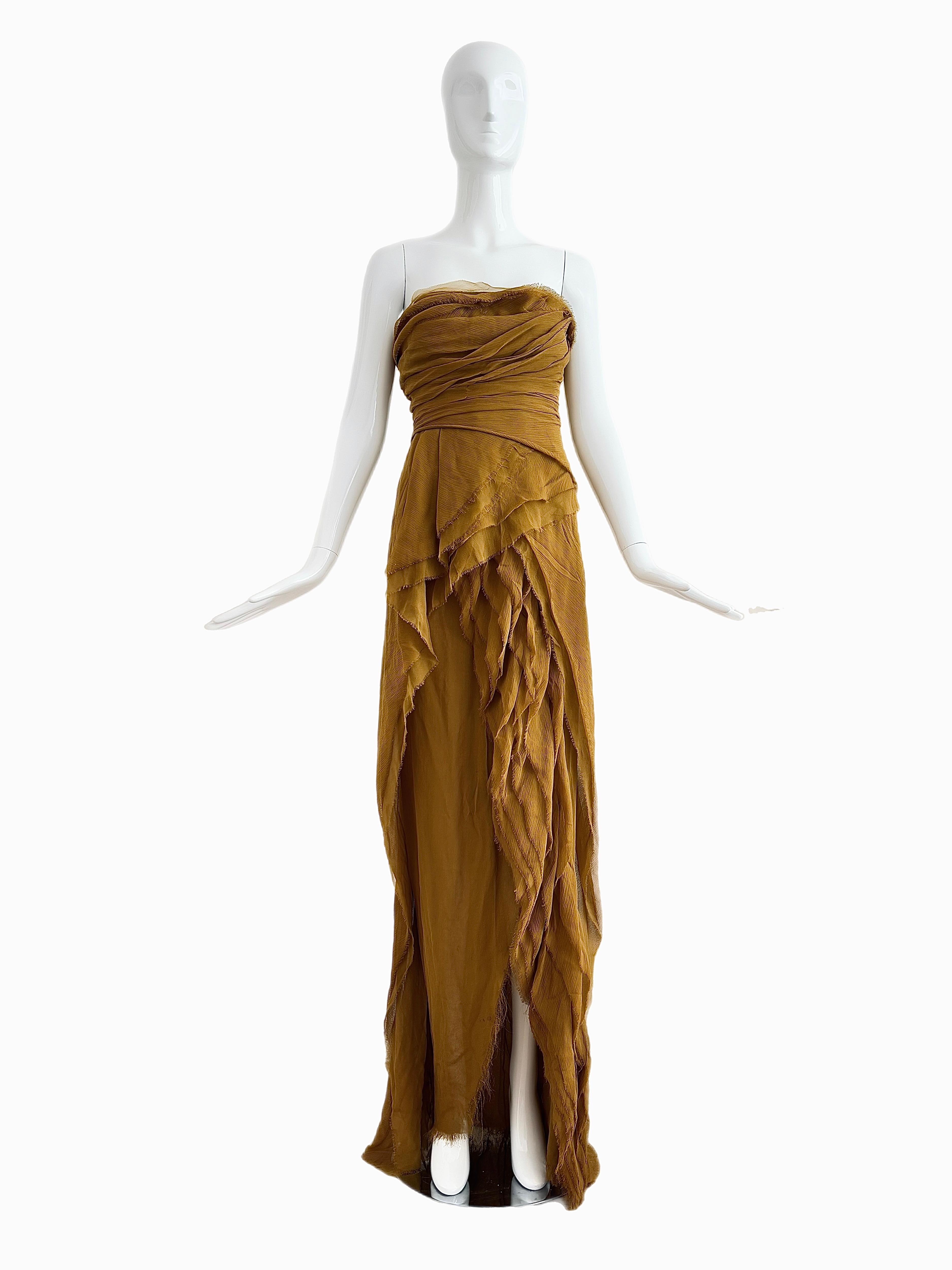 J.MENDEL Silk Shredded Layered Flakey Evening Gown Maxi Dress w. Thigh Slit In Excellent Condition In Leonardo, NJ
