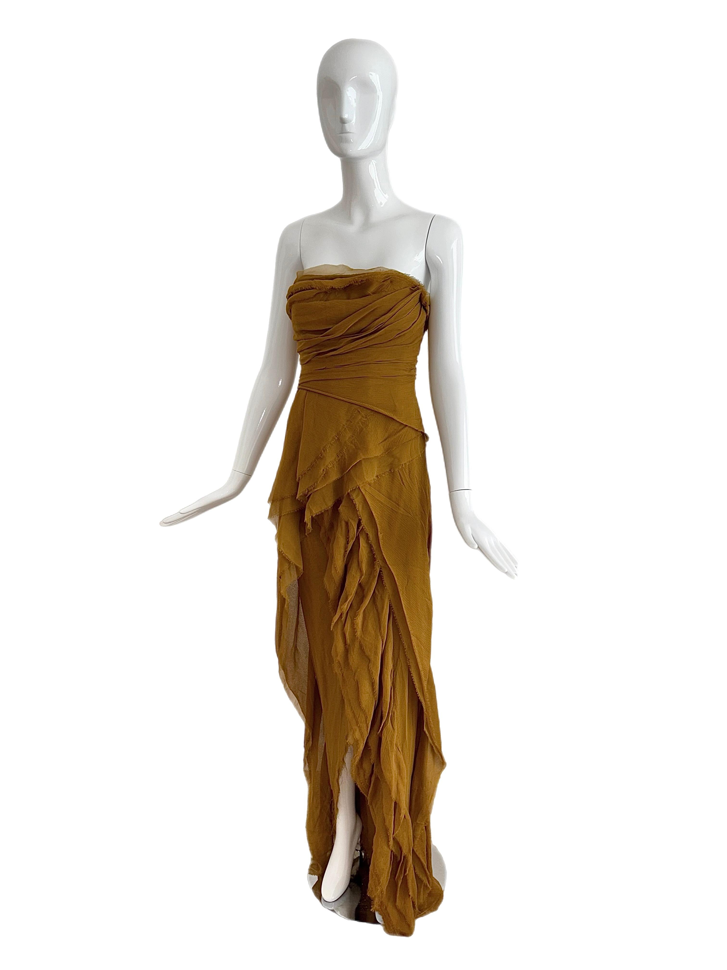 Women's J.MENDEL Silk Shredded Layered Flakey Evening Gown Maxi Dress w. Thigh Slit