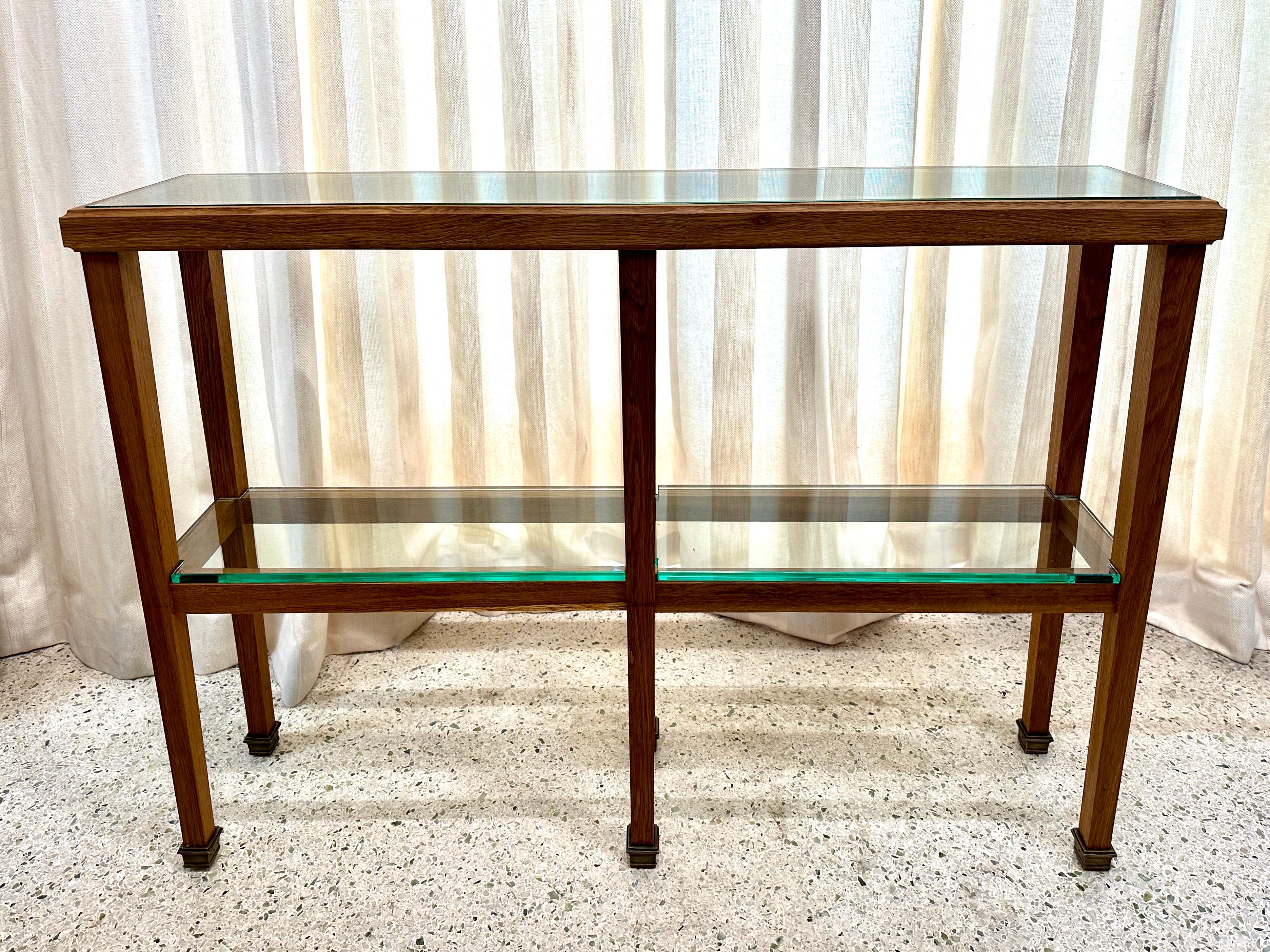 Glass JMF Style French Oak Two-Tier Console Table w/ Brass Sabots For Sale