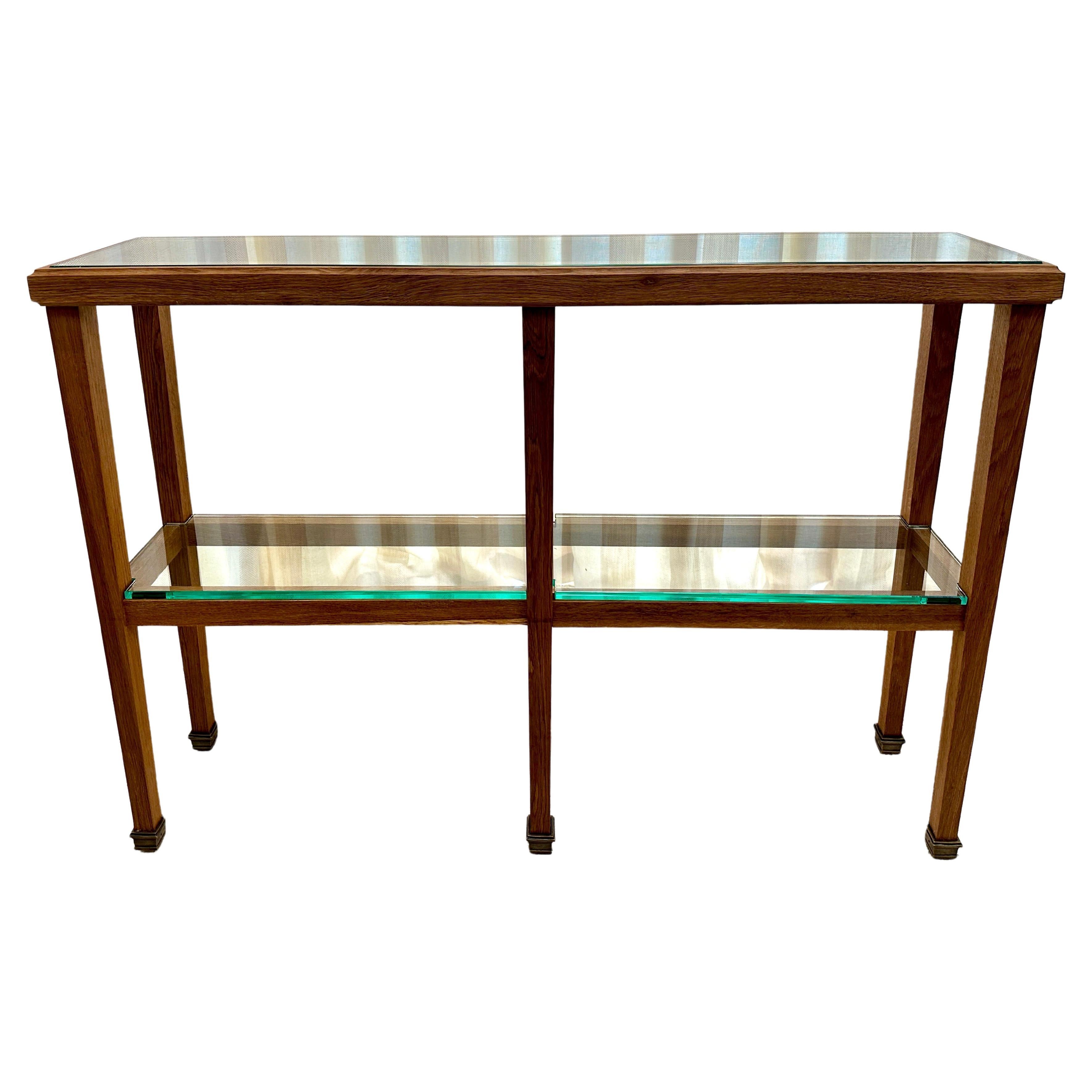 JMF Style French Oak Two-Tier Console Table w/ Brass Sabots