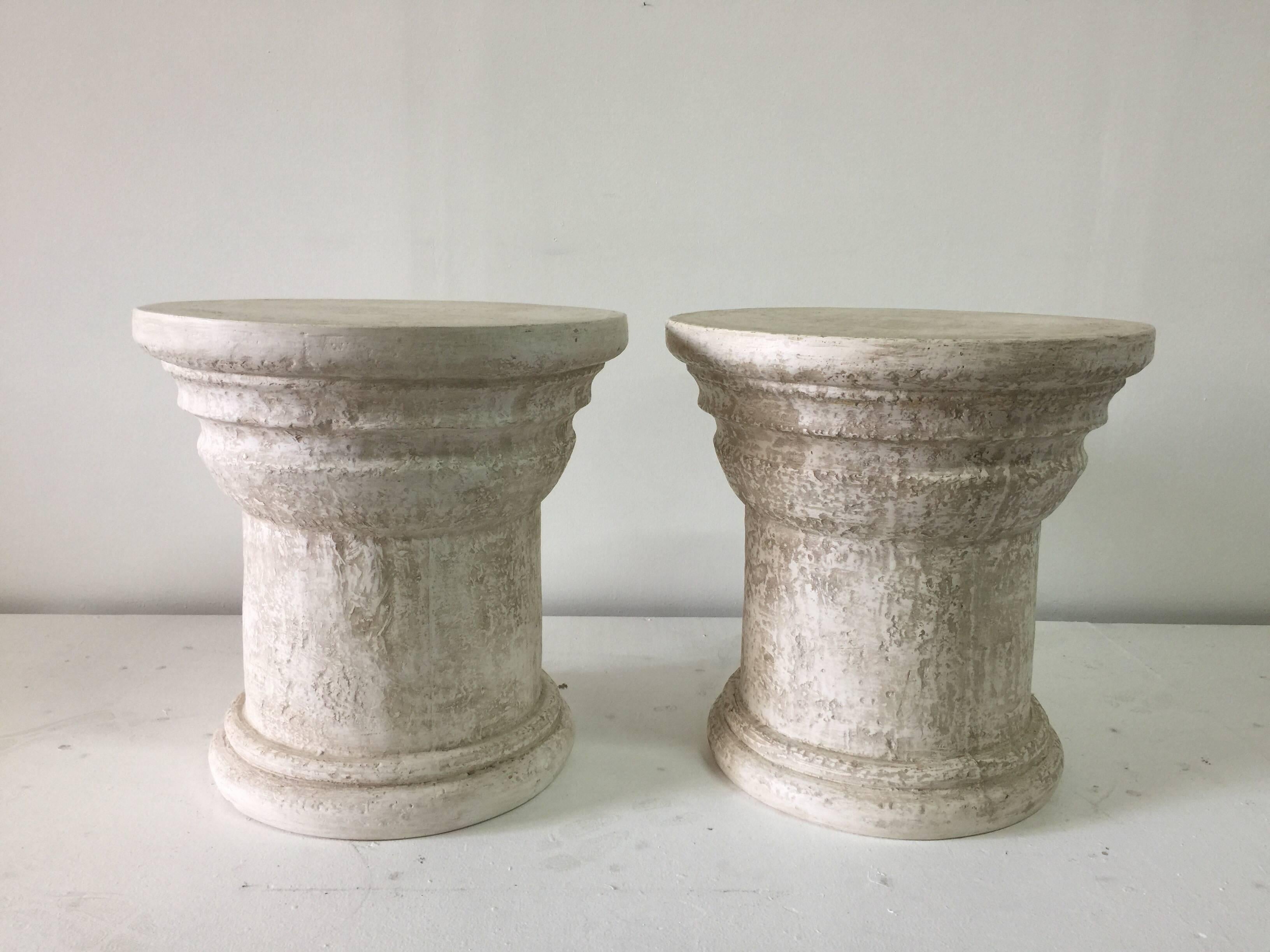 Column design heavy plaster pedestals/ side tables in the style of Jean-Michel Frank. Wonderful texture and coloring. All vintage and original.