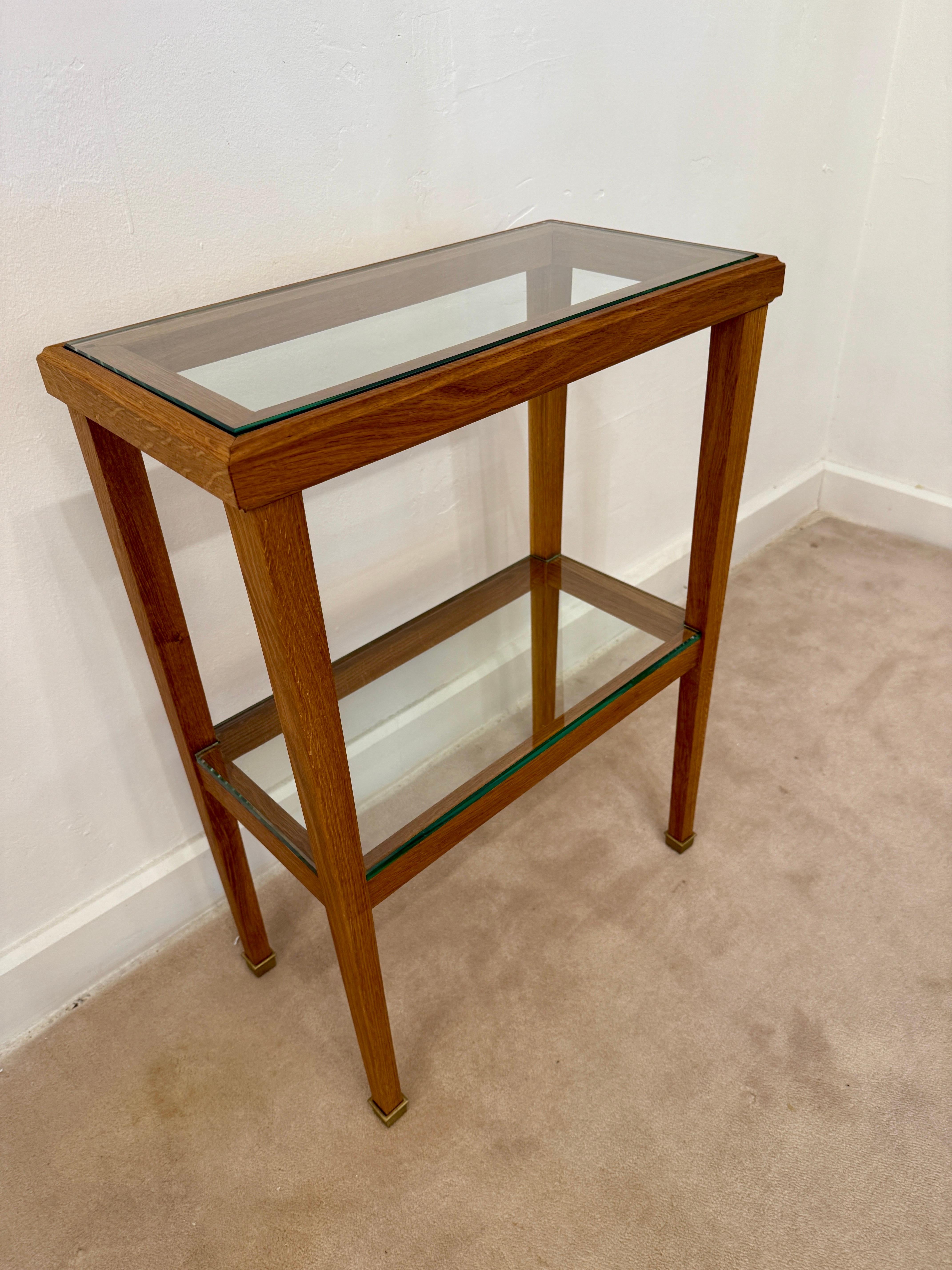Mid-Century Modern JMF Style Petite Oak and Glass Two-Tired Console Table For Sale