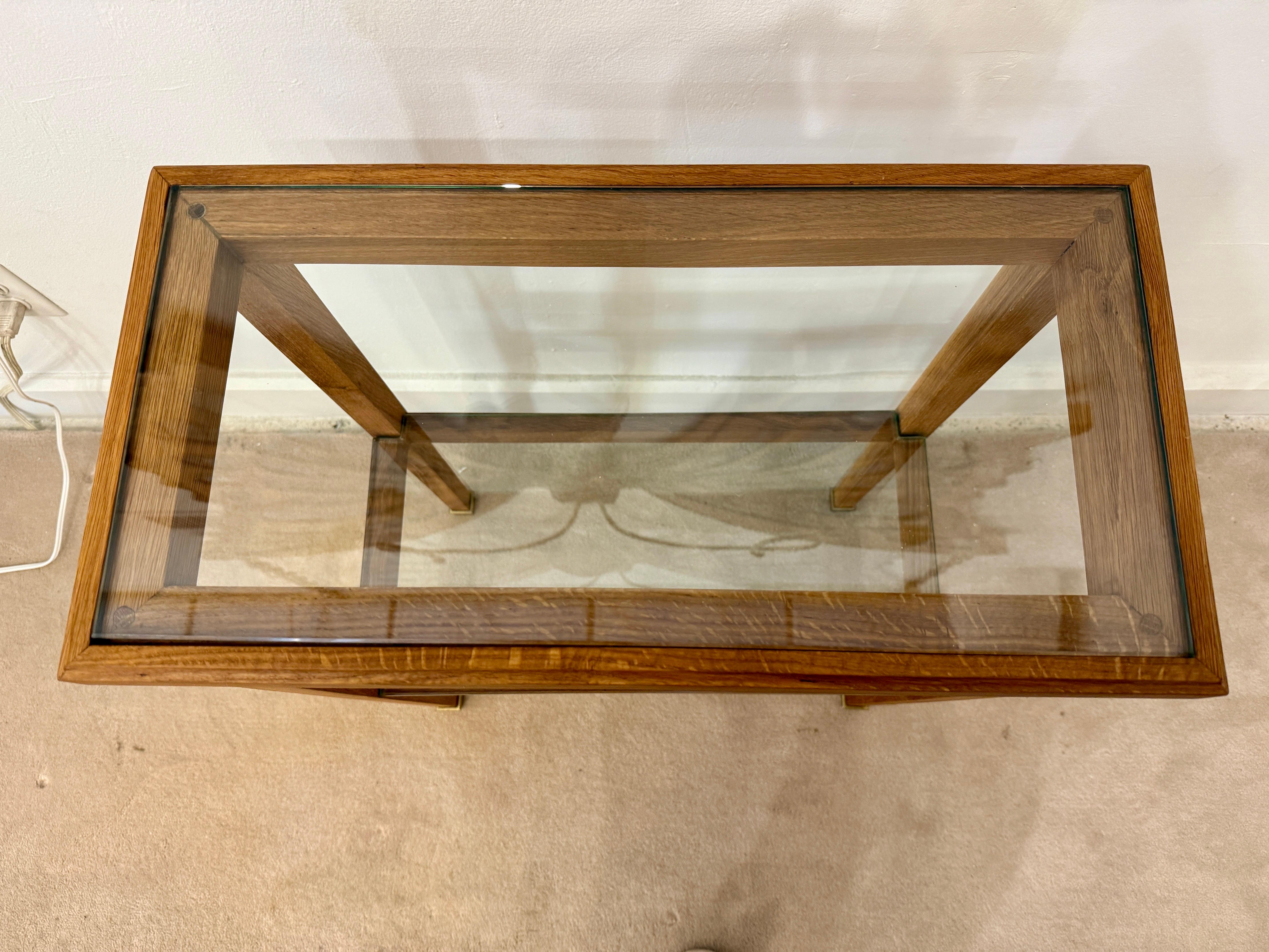 American JMF Style Petite Oak and Glass Two-Tired Console Table For Sale