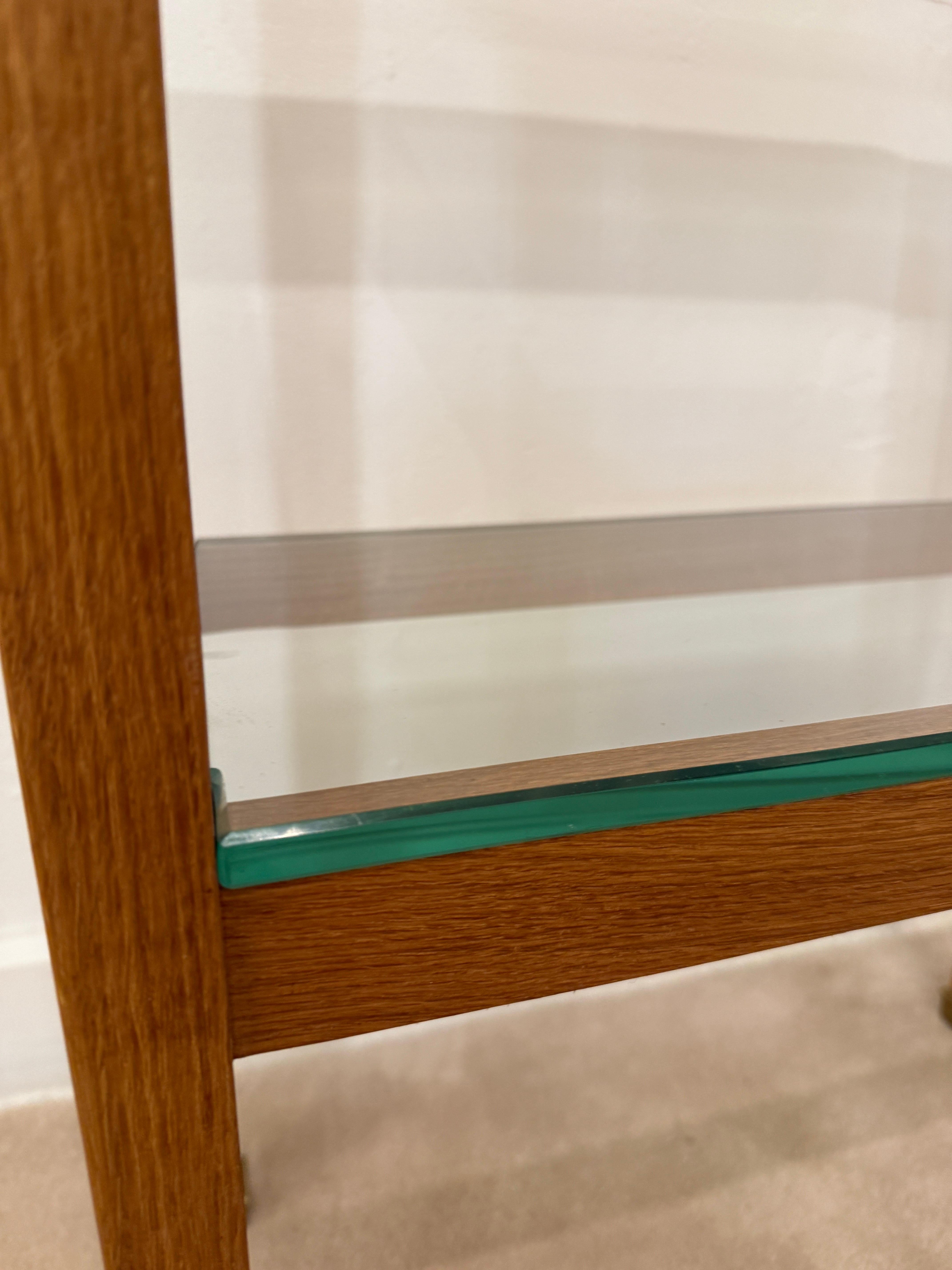 JMF Style Petite Oak and Glass Two-Tired Console Table In Good Condition For Sale In North Miami, FL