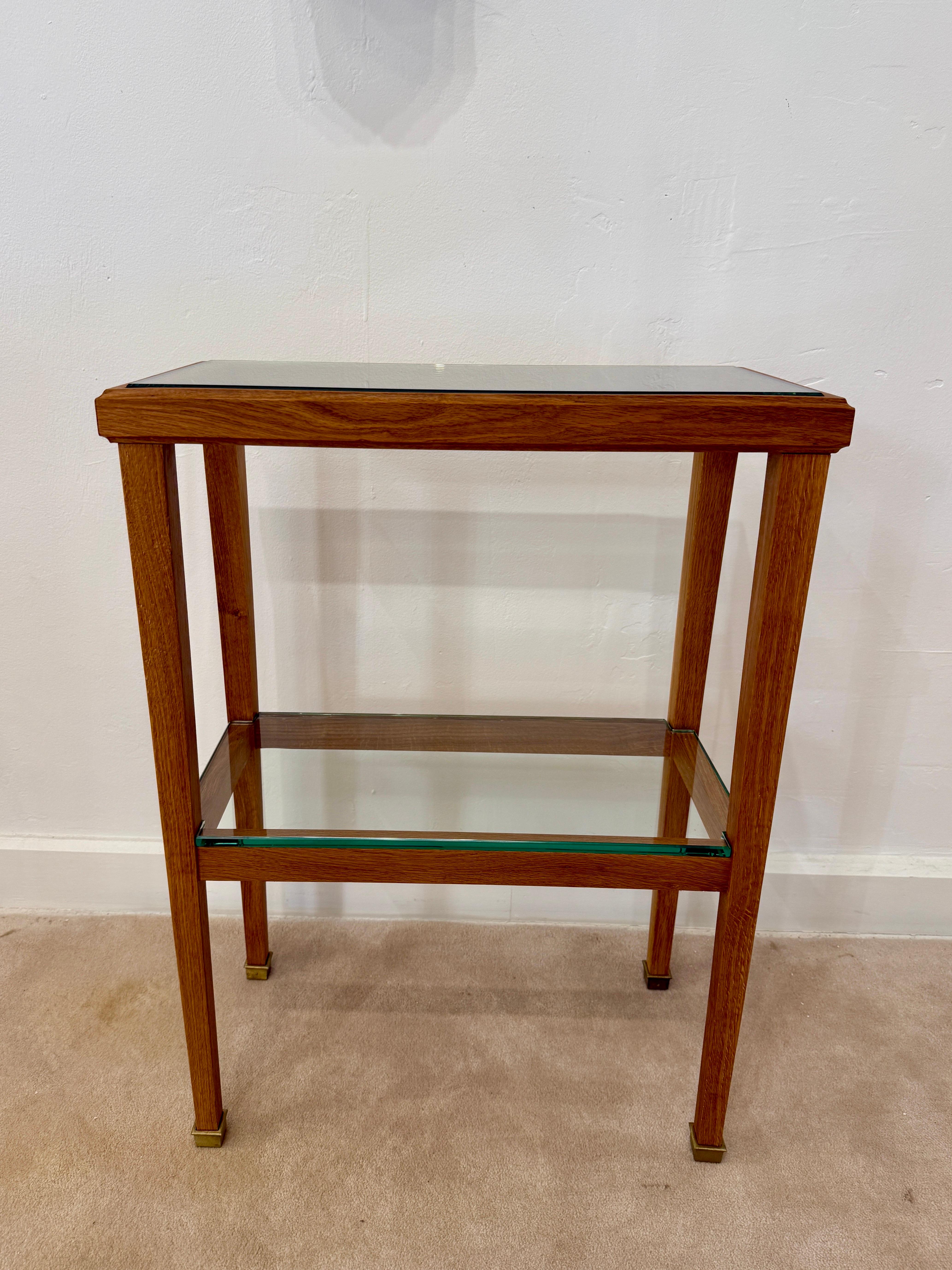 20th Century JMF Style Petite Oak and Glass Two-Tired Console Table For Sale