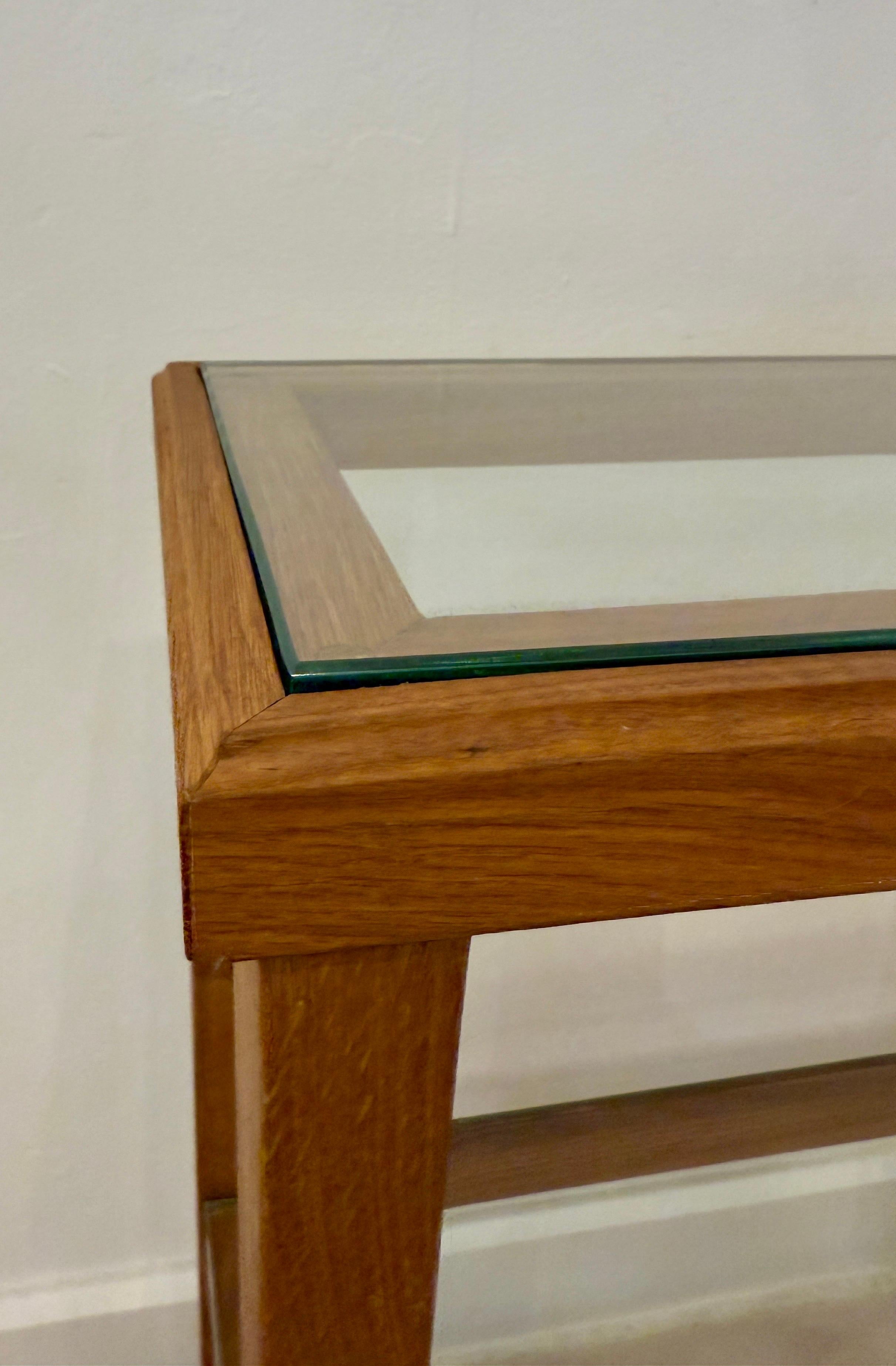 JMF Style Petite Oak and Glass Two-Tired Console Table For Sale 1