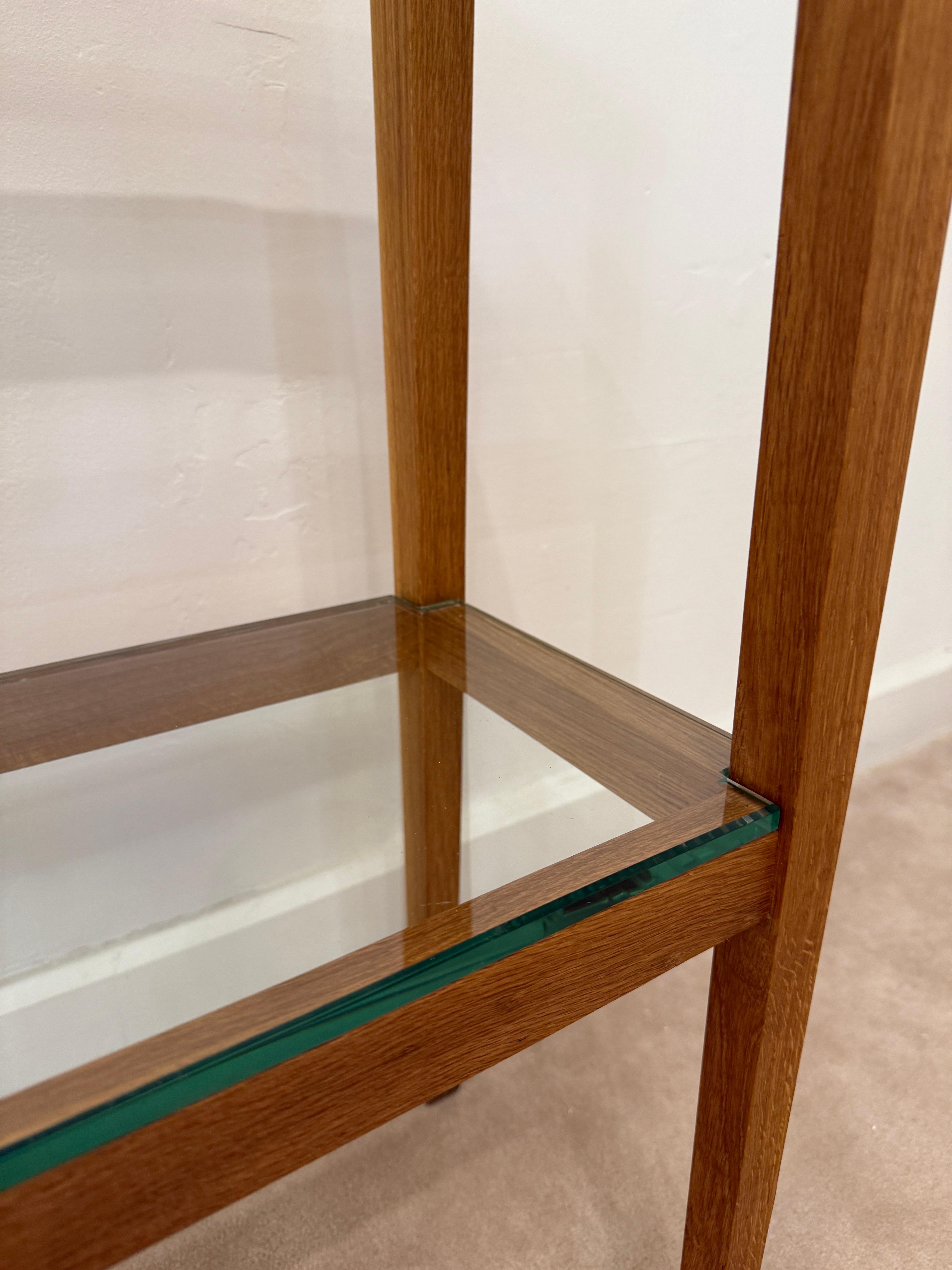 JMF Style Petite Oak and Glass Two-Tired Console Table For Sale 3