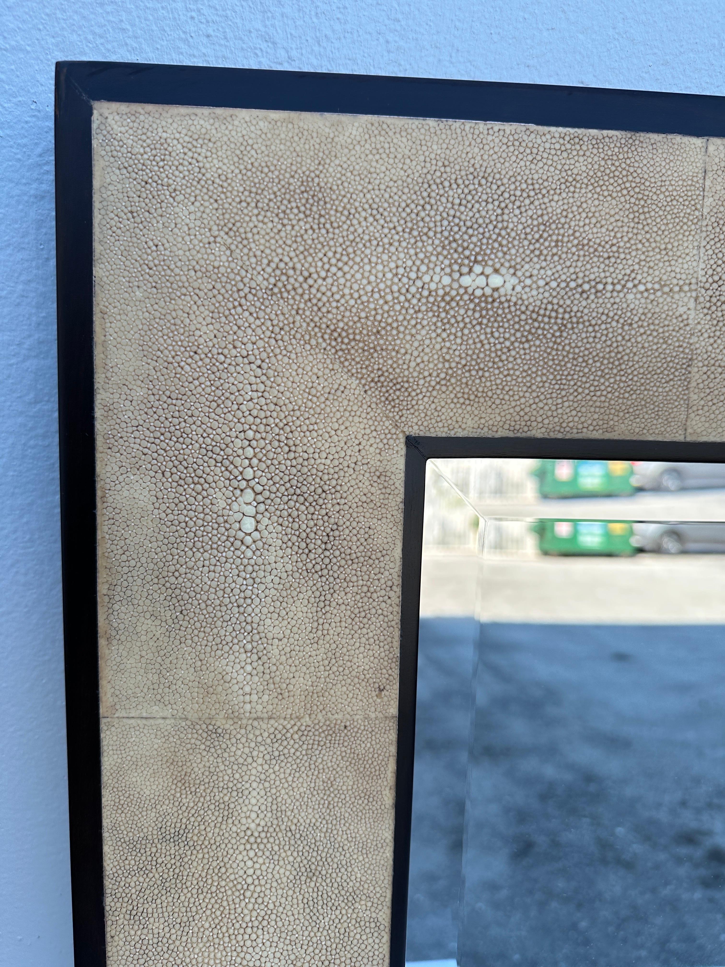Beveled JMF Style Shagreen Framed Square Mirror by Ron Seff For Sale