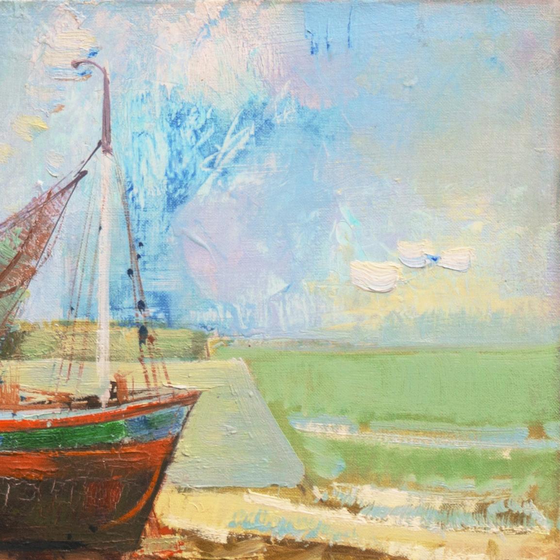 « Fisher Boats, Brittany, French Coast, School of Paris, Post-Impressionist Oil - Moderne Painting par J.M.Hubert