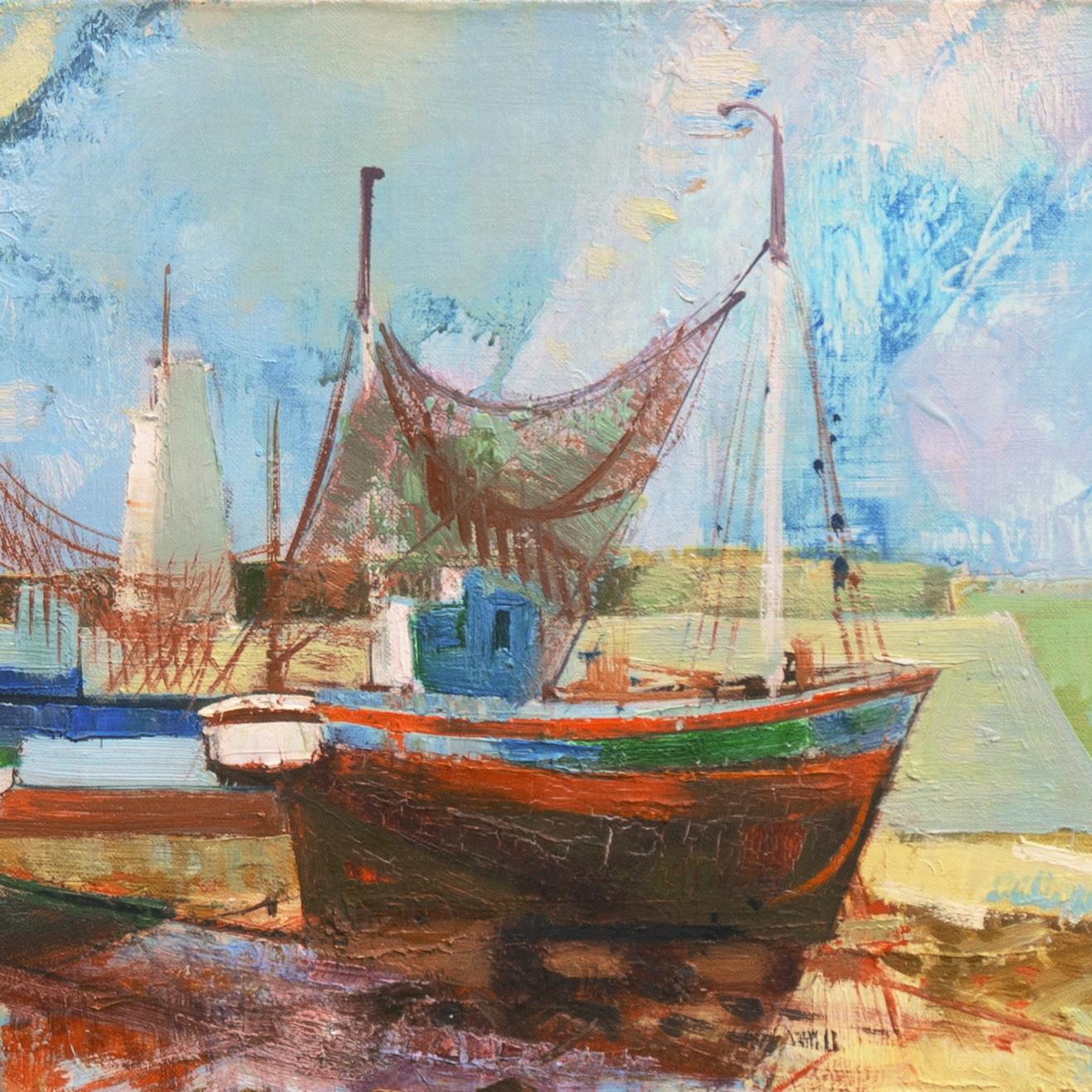 „Fischenboote, Bretagne“, Französische Küste, Schule von Paris, postimpressionistisches Ölgemälde (Beige), Landscape Painting, von J.M.Hubert