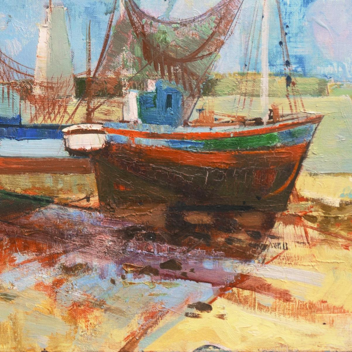 'Fishing Boats, Brittany', French Coast, School of Paris, Post-Impressionist Oil - Beige Landscape Painting by J.M.Hubert