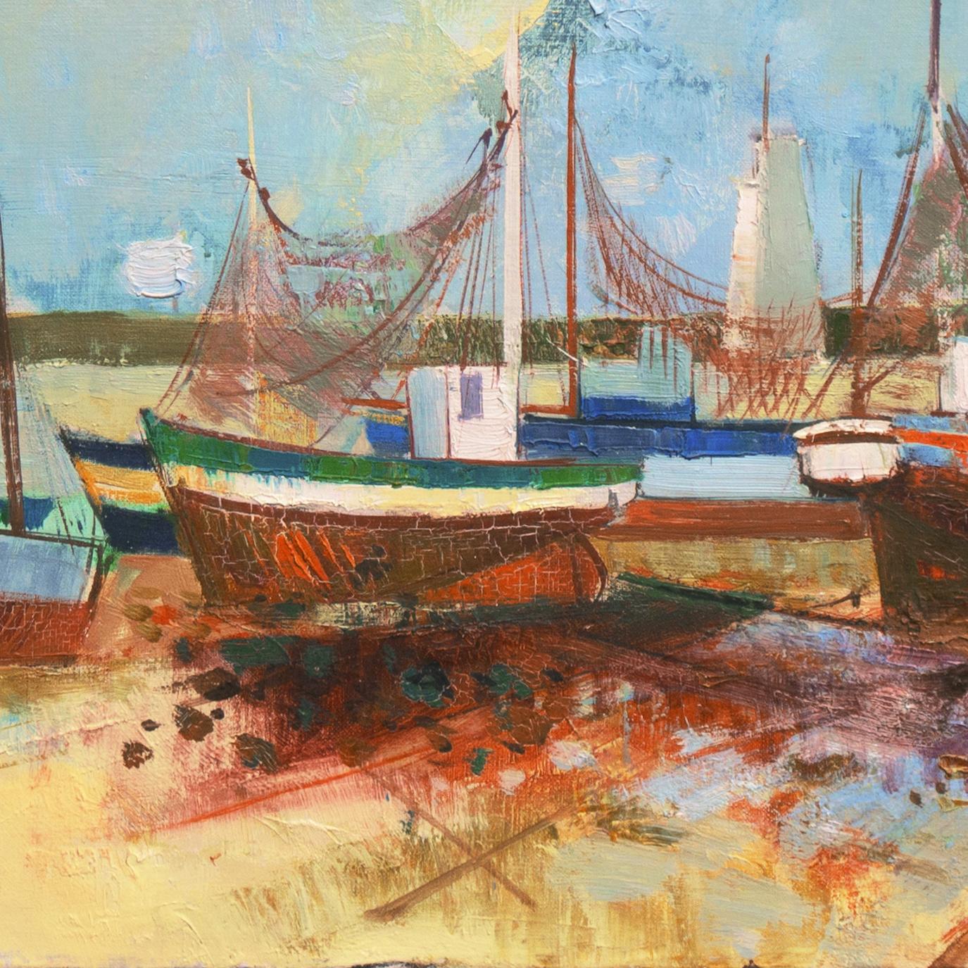 Signed lower right, 'J M Hubert' (French, 20th century) and painted circa 1965.

A mid-century modernist, panoramic view of fishing boats before a sage green light house from this French Post-Impressionist who studied at the Ecole des Beaux Arts in