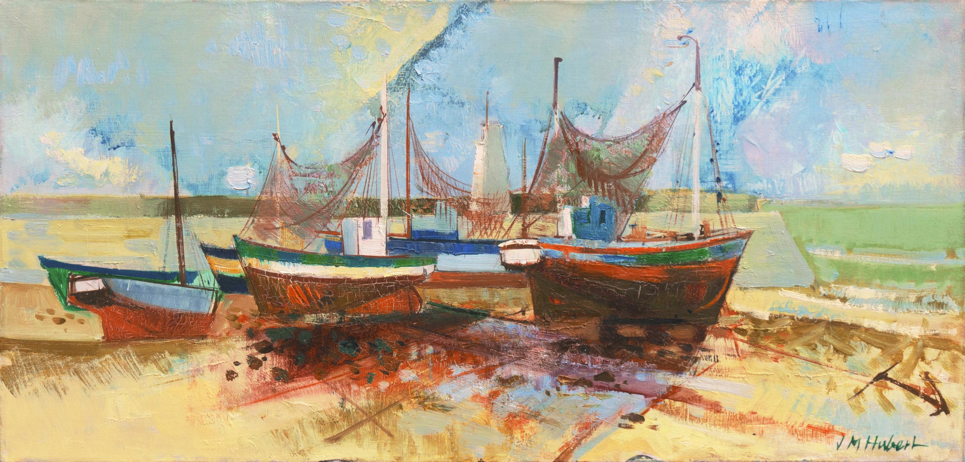Landscape Painting J.M.Hubert - « Fisher Boats, Brittany, French Coast, School of Paris, Post-Impressionist Oil