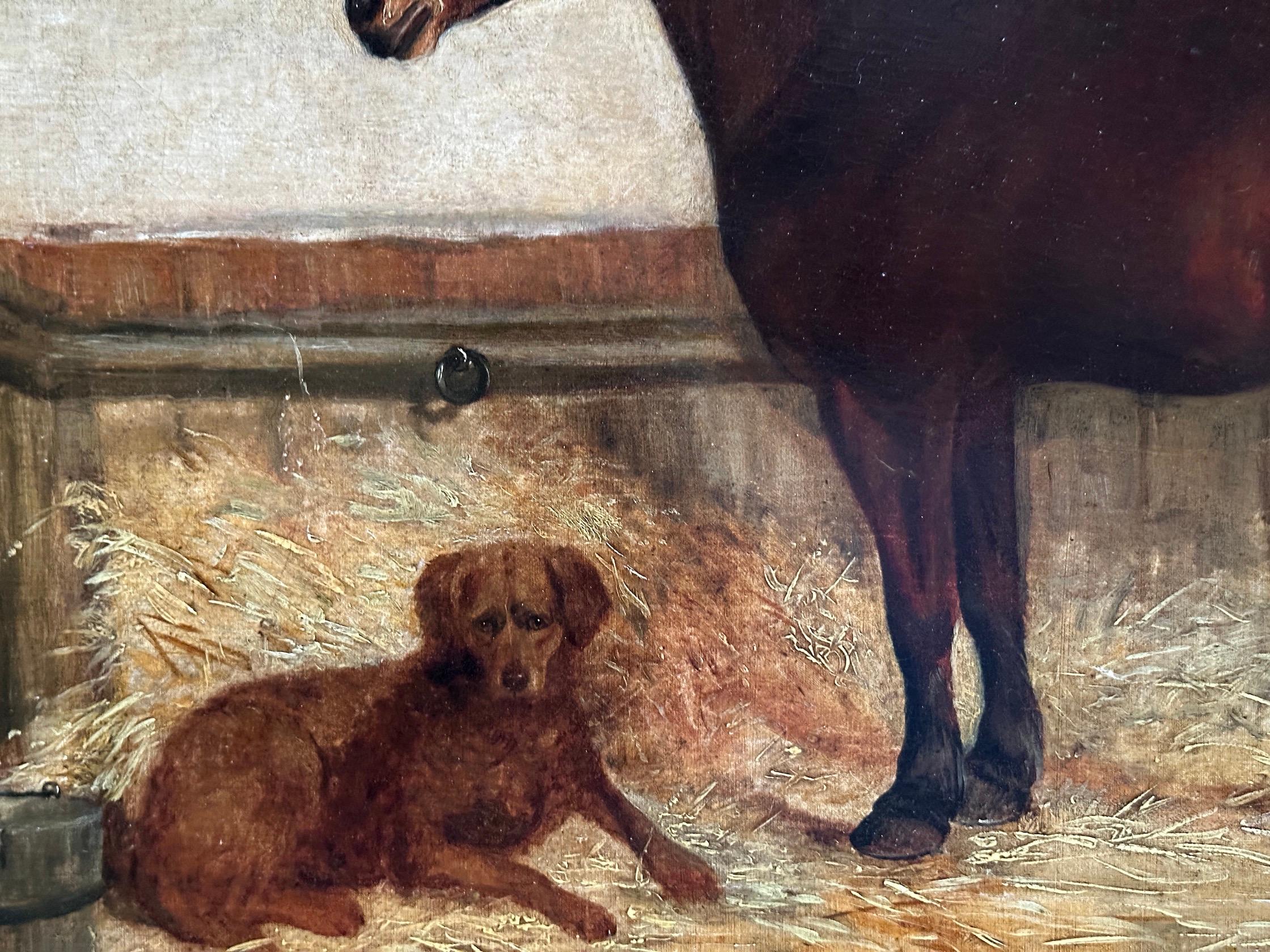 19th century English portrait of a horse and setter dog in a stable - Victorian Painting by J.M.S.Fritz