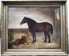 Antique 19th century English portrait of a horse and setter dog in a stable