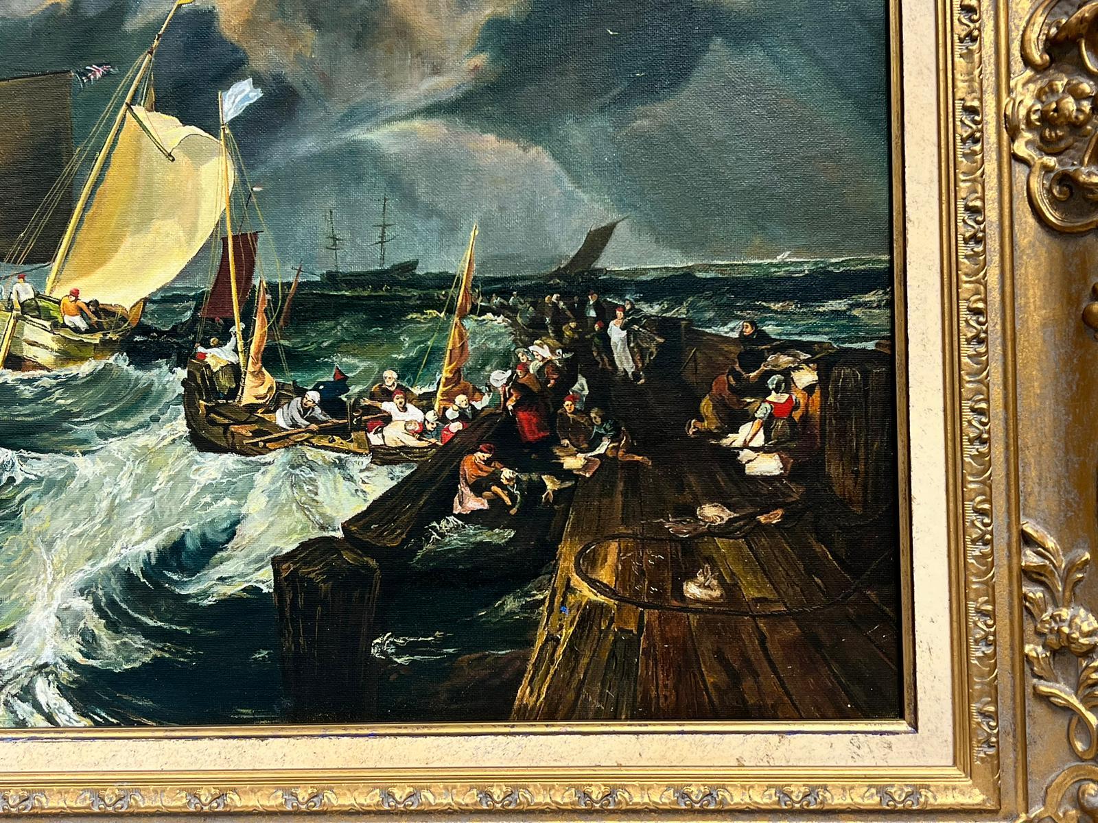 Gran óleo marino Paisaje marino tormentoso Barcos de pesca Muelle de Calais según Turner 1