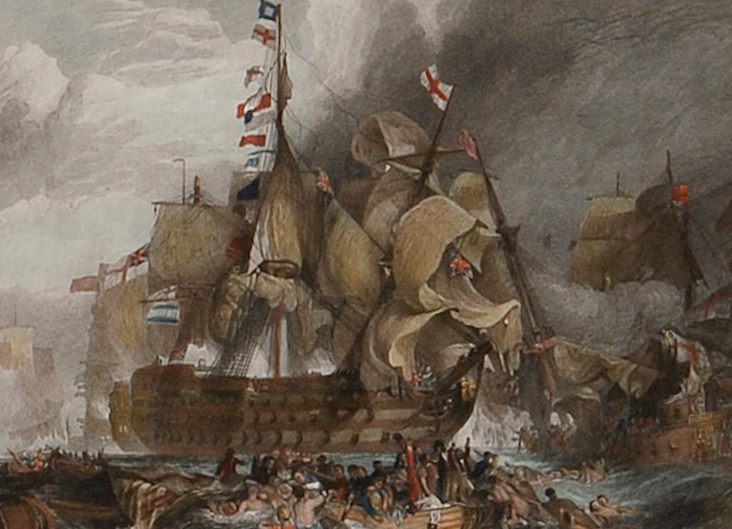 The Battle of Trafalgar: A Framed 19th C. Engraving After J. M. W. Turner - Beige Print by J.M.W. Turner