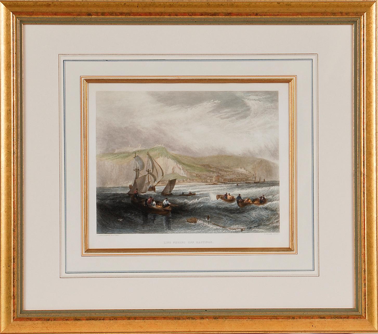 J.M.W. Turner Landscape Print - Fishing Off Hastings, England: A Framed 19th C. Engraving After J. M. W. Turner