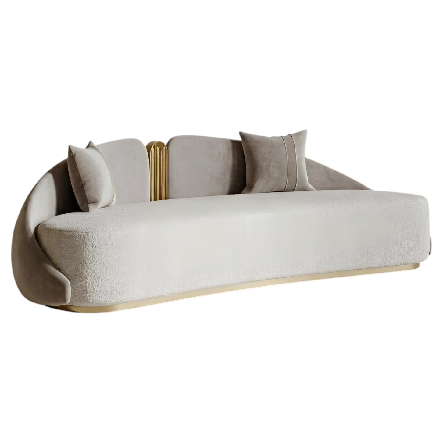 JNK Miami's Como Curved Sofa in Bouclé and Velvet with Gold Accents For Sale