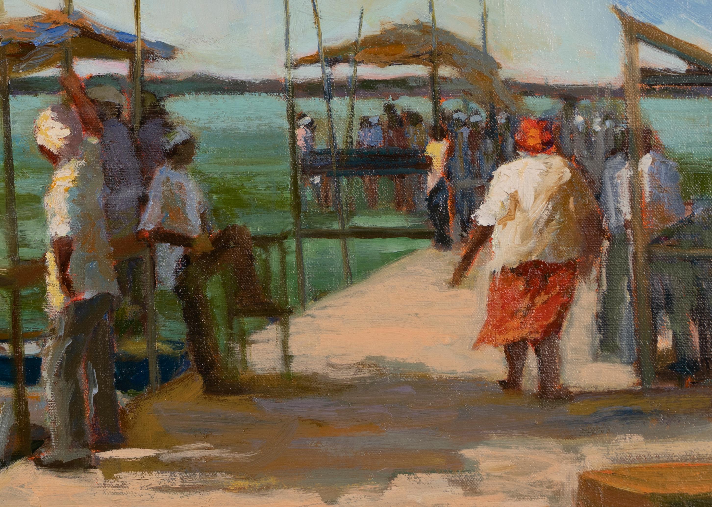 Antique Female Impressionist Tropical Caribbean Island Port Seascape Painting - Black Landscape Painting by Jo Ann Ritter