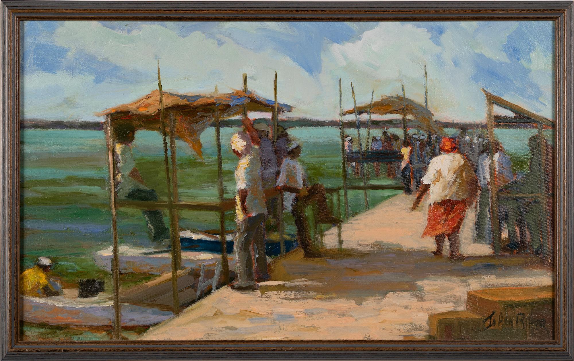 Jo Ann Ritter Landscape Painting - Antique Female Impressionist Tropical Caribbean Island Port Seascape Painting