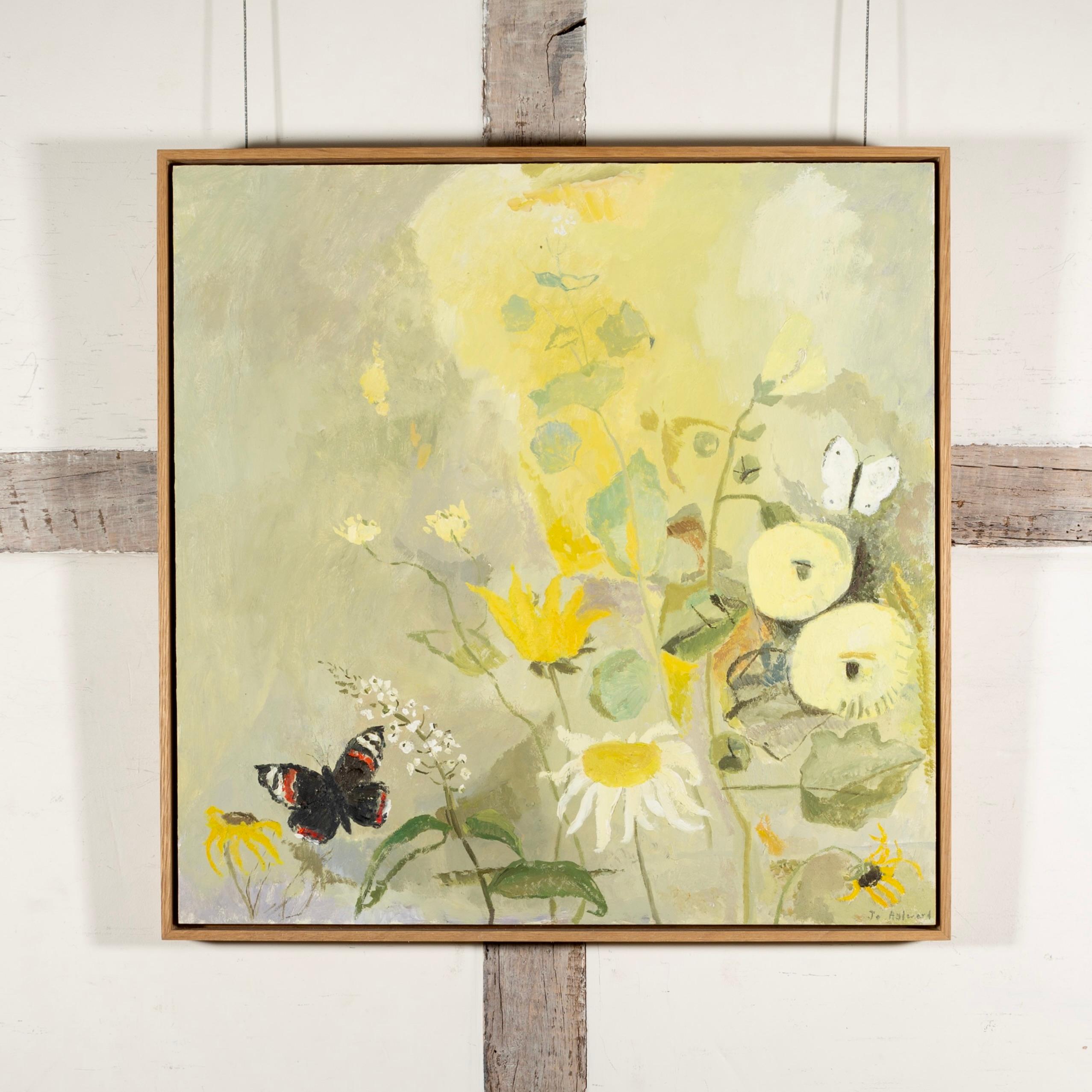 Butterfly Garden, 2024 - Contemporary Flower Oil Painting, Nature + Butterflies - Beige Figurative Painting by Jo Aylward