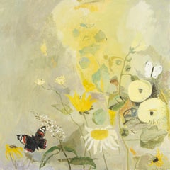 Giardino delle farfalle, 2024 - Pittura a olio di fiori contemporanea, Nature + Farfalle