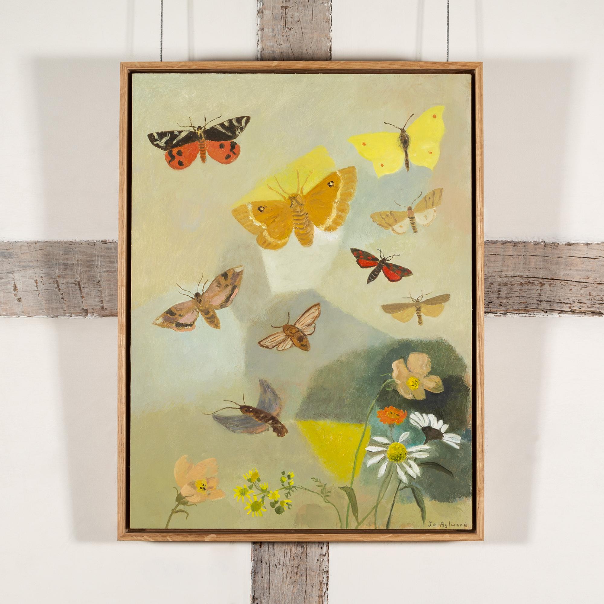 Falene e farfalle di Eleusine, 2024 - Quadro a olio con farfalle e fiori - Painting di Jo Aylward