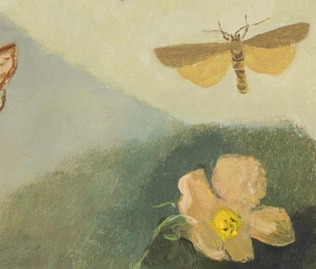 Falene e farfalle di Eleusine, 2024 - Quadro a olio con farfalle e fiori in vendita 2