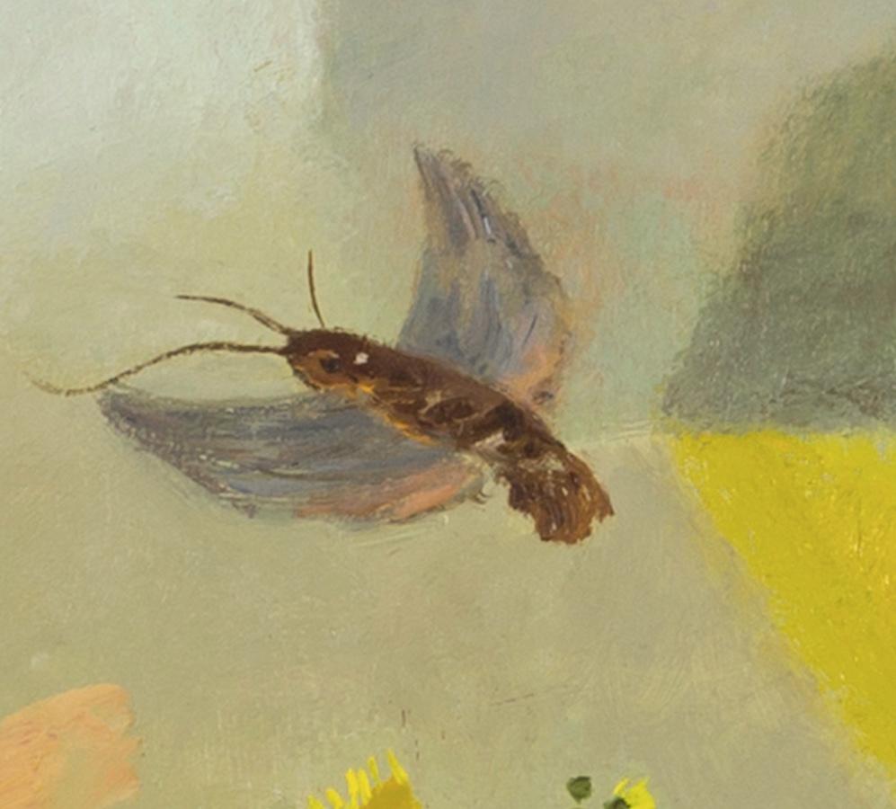 Falene e farfalle di Eleusine, 2024 - Quadro a olio con farfalle e fiori in vendita 3