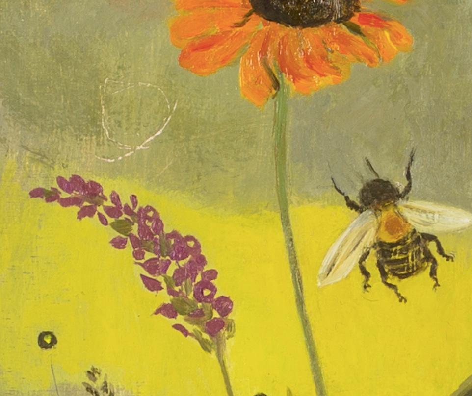 Julio en el jardín, 2024 - Pintura al óleo de flores de colores con abeja y mariposa - Still-Life Painting Marrón de Jo Aylward