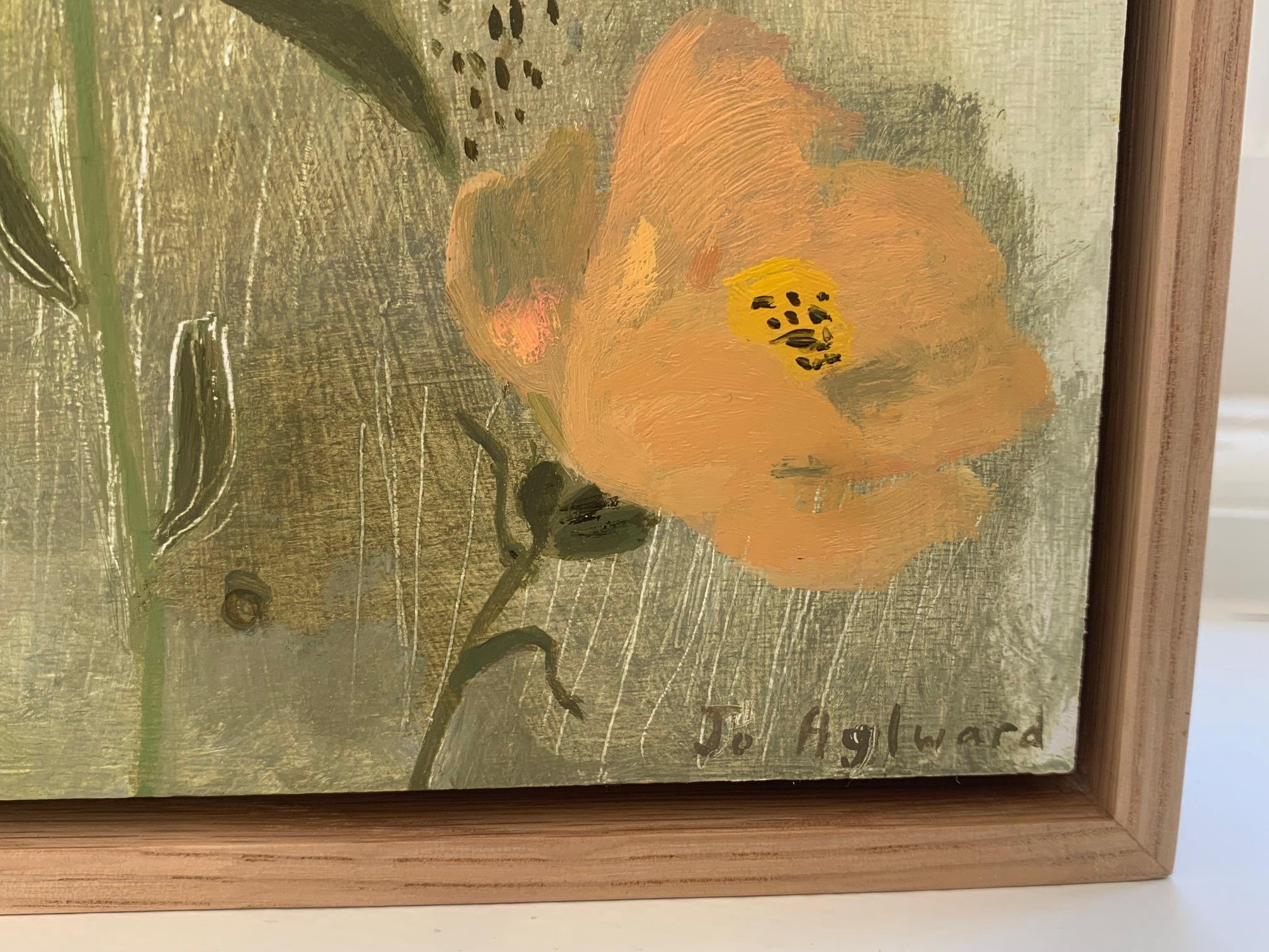 Julio en el jardín, 2024 - Pintura al óleo de flores de colores con abeja y mariposa en venta 3